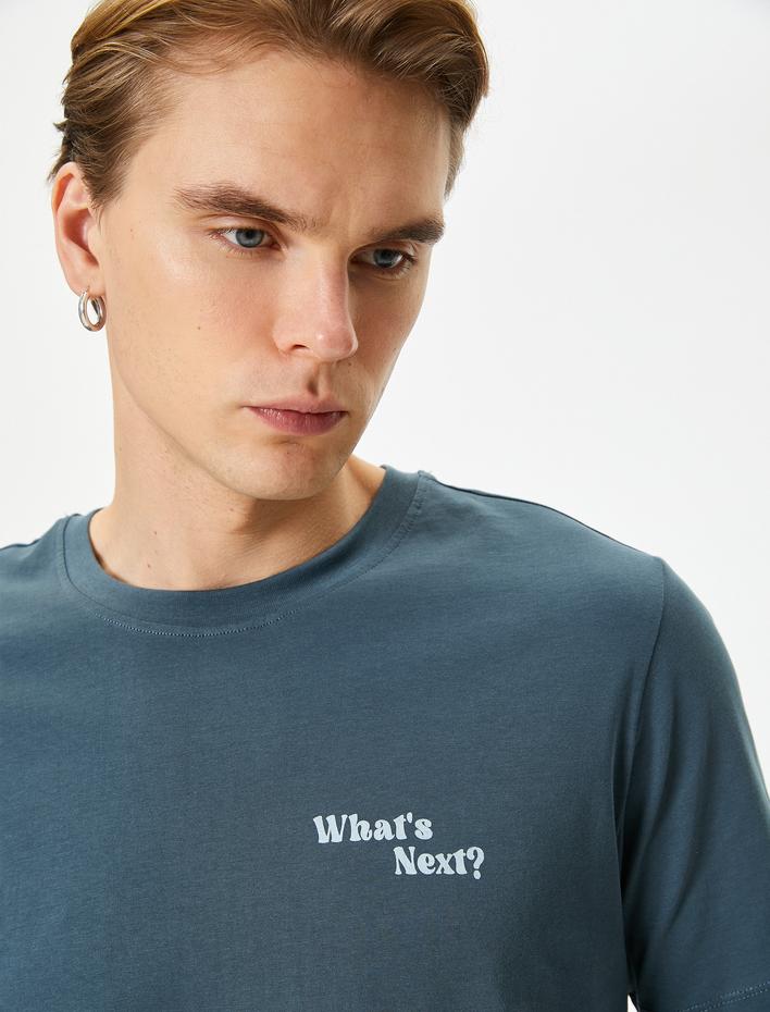  Slim Fit Tişört Slogan Baskılı Bisiklet Yaka Kısa Kollu