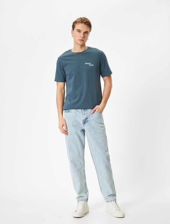  Slim Fit Tişört Slogan Baskılı Bisiklet Yaka Kısa Kollu