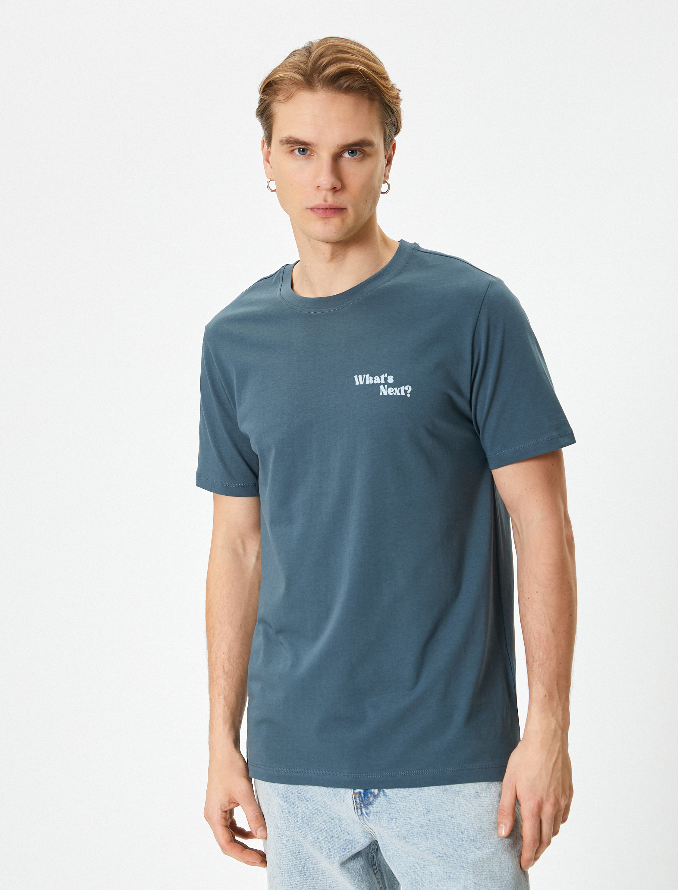 Slim Fit Tişört Slogan Baskılı Bisiklet Yaka Kısa Kollu