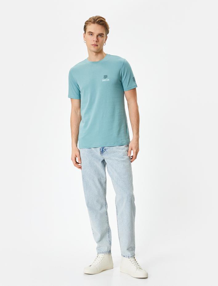  Slogan Baskılı Tişört Bisiklet Yaka Kısa Kollu