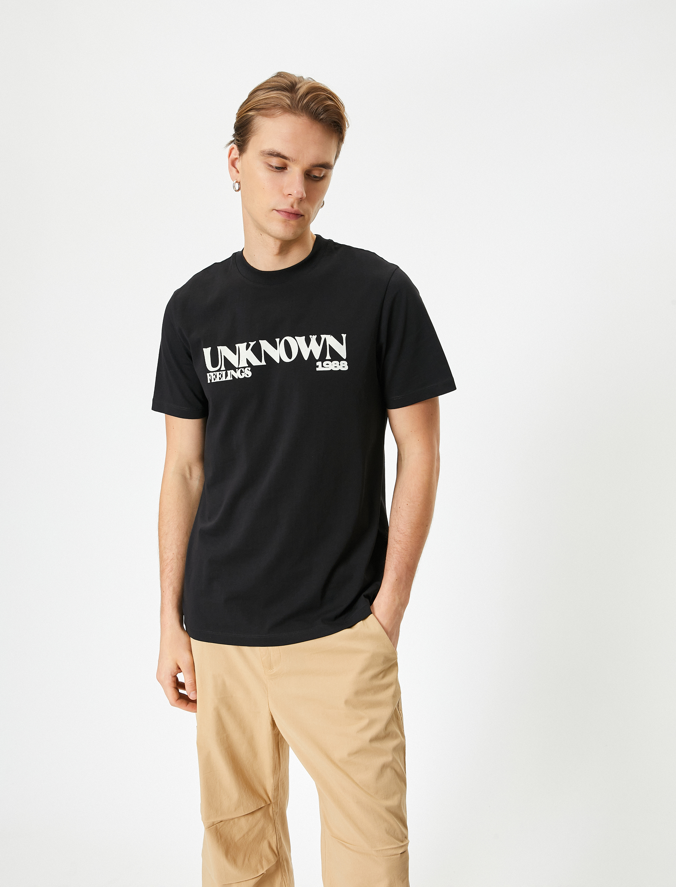   Kısa Kollu Bisiklet Yaka Pamuklu Slogan Baskılı Tişört