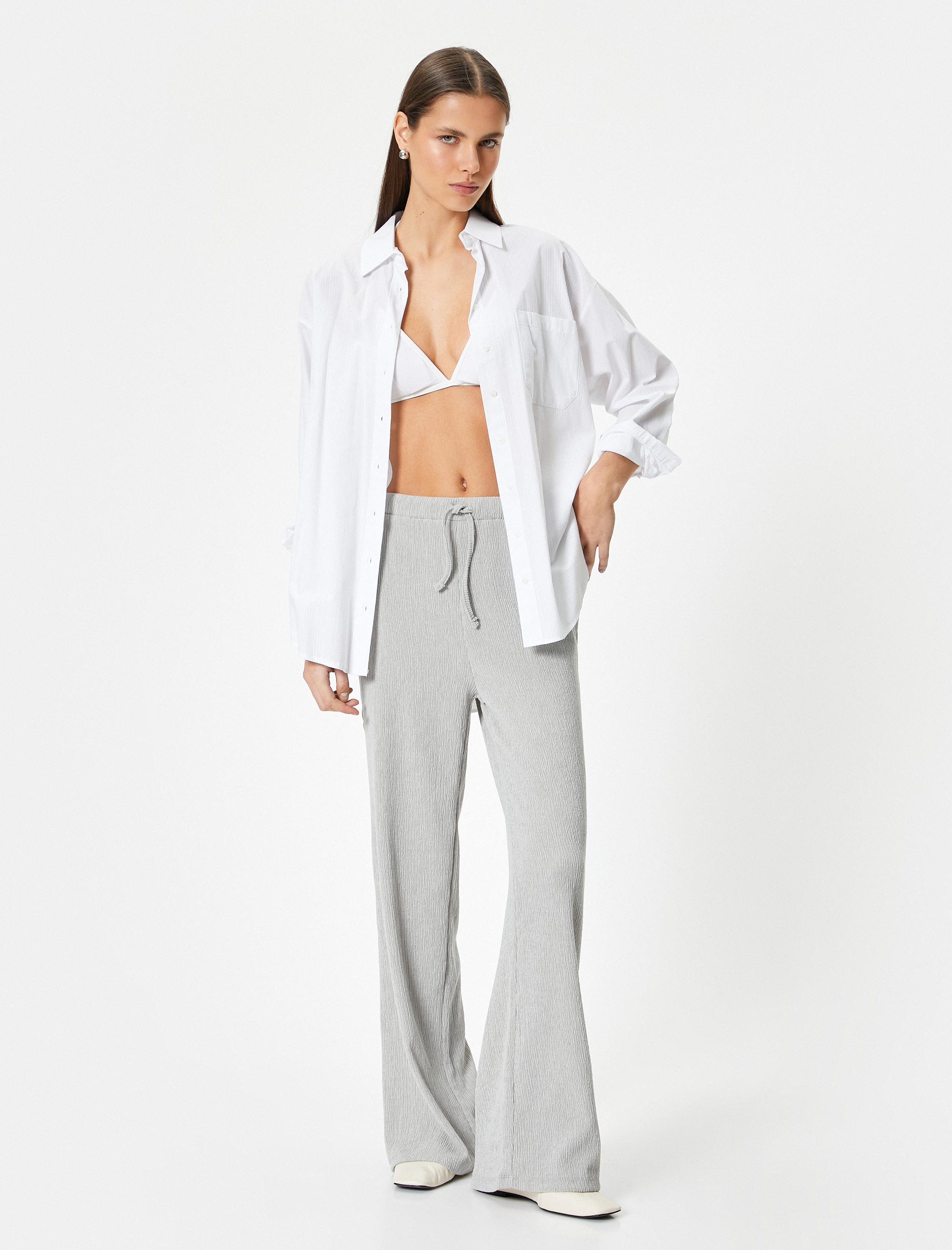   Bol Paça Pantolon Dokulu Rahat Kalıp Beli Bağlamalı Viskoz Kumaş Karışımlı Bürümcük