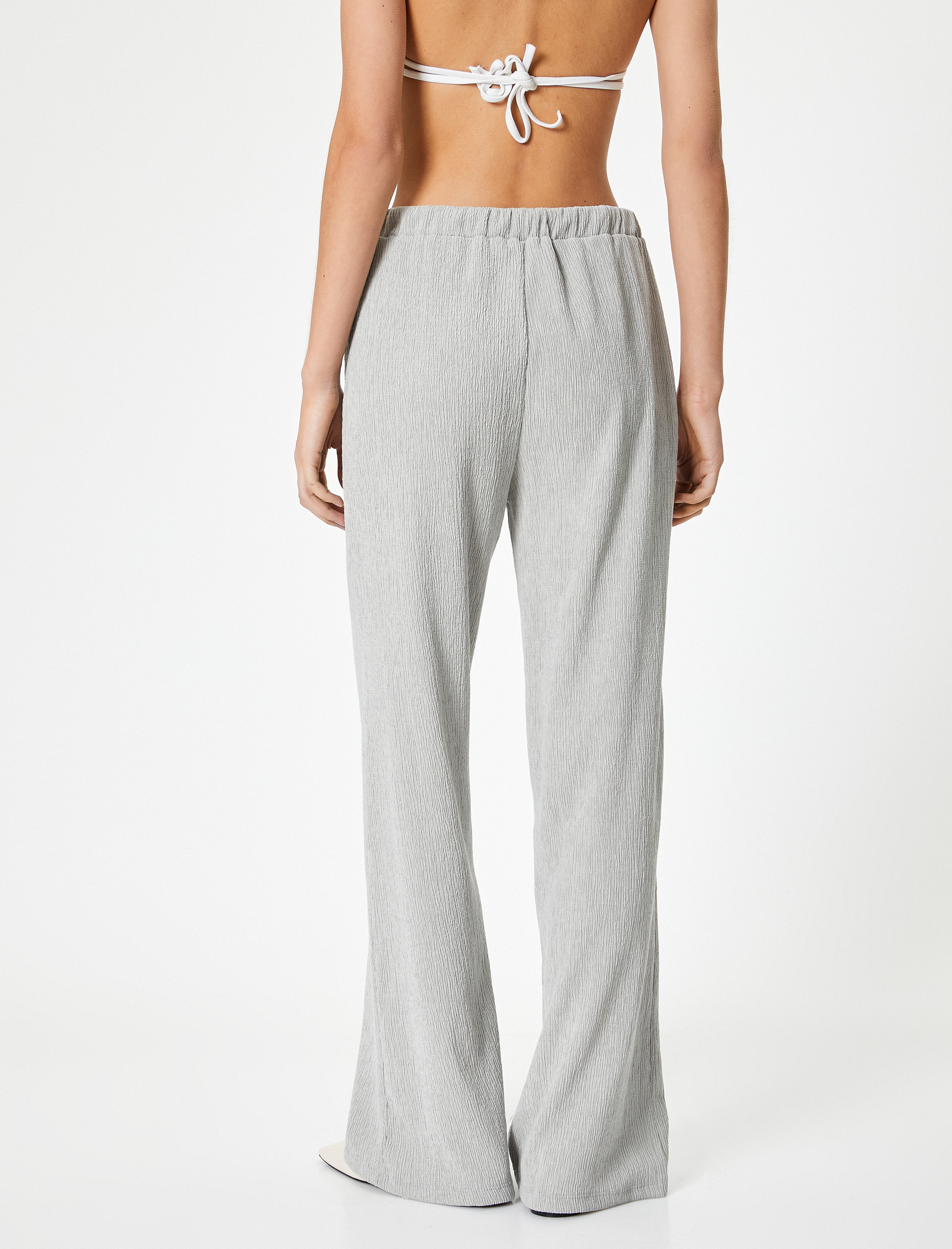   Bol Paça Pantolon Dokulu Rahat Kalıp Beli Bağlamalı Viskoz Kumaş Karışımlı Bürümcük