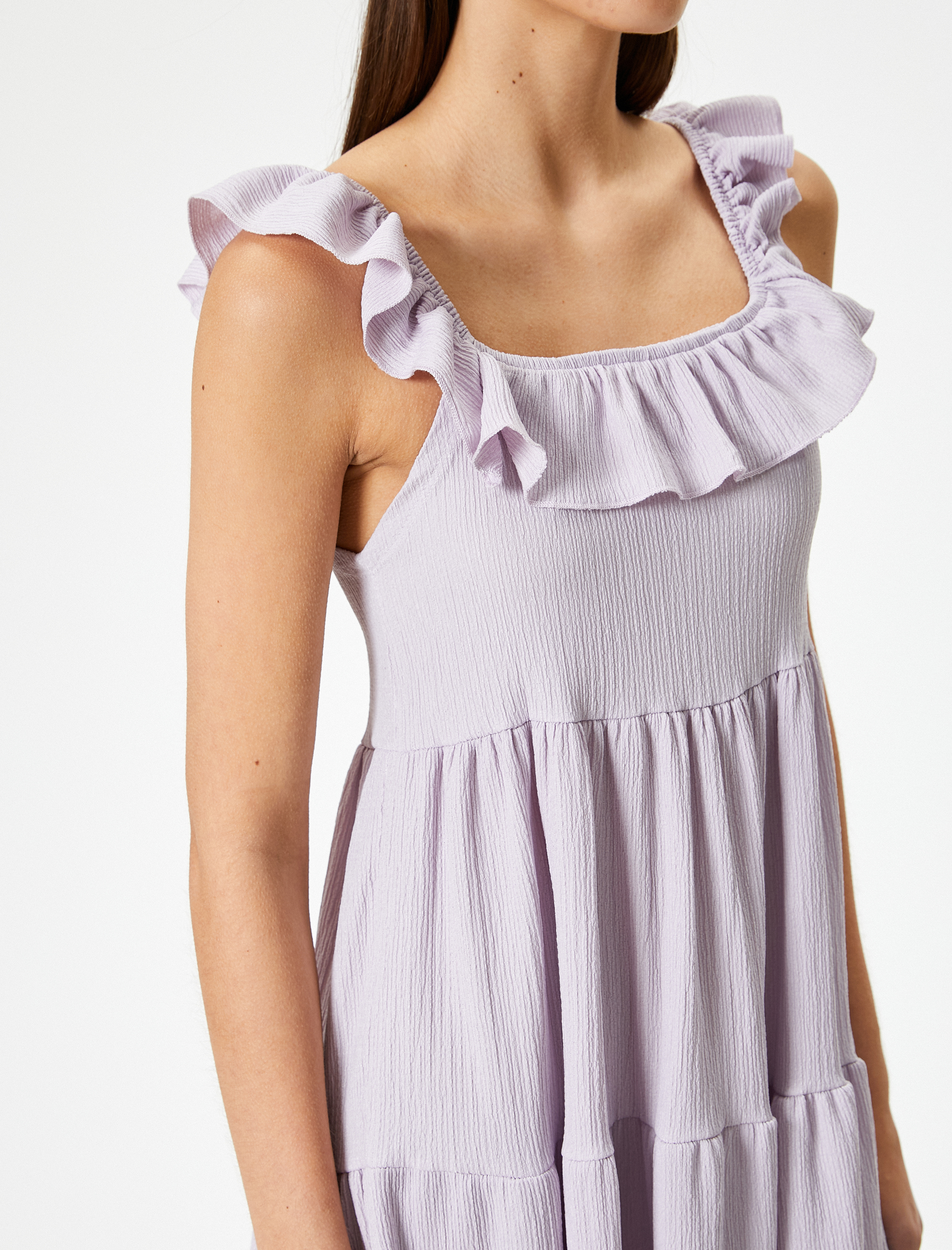   Fırfırlı Elbise Midi Boy Kolsuz Katlı Dokulu Bürümcük