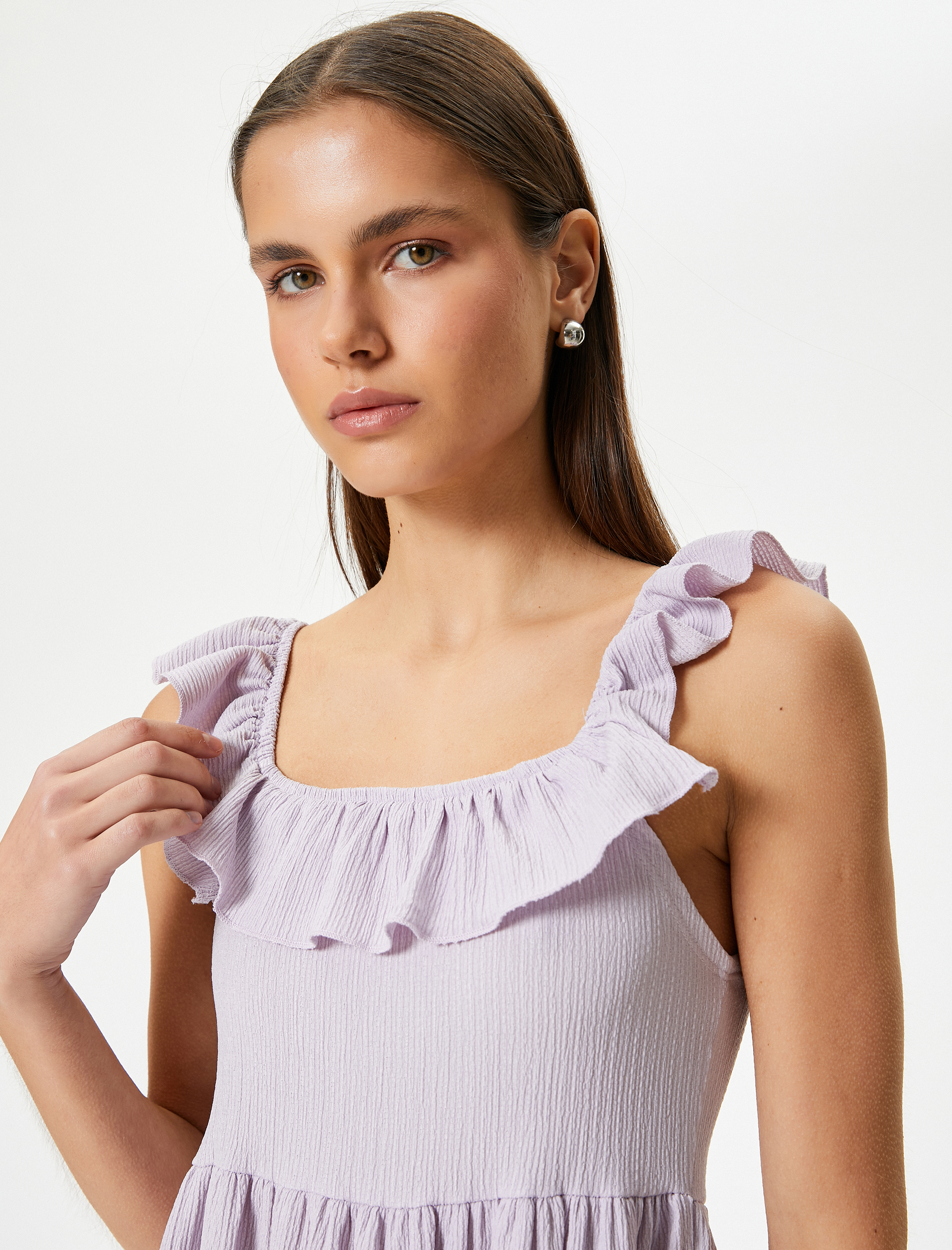   Fırfırlı Elbise Midi Boy Kolsuz Katlı Dokulu Bürümcük