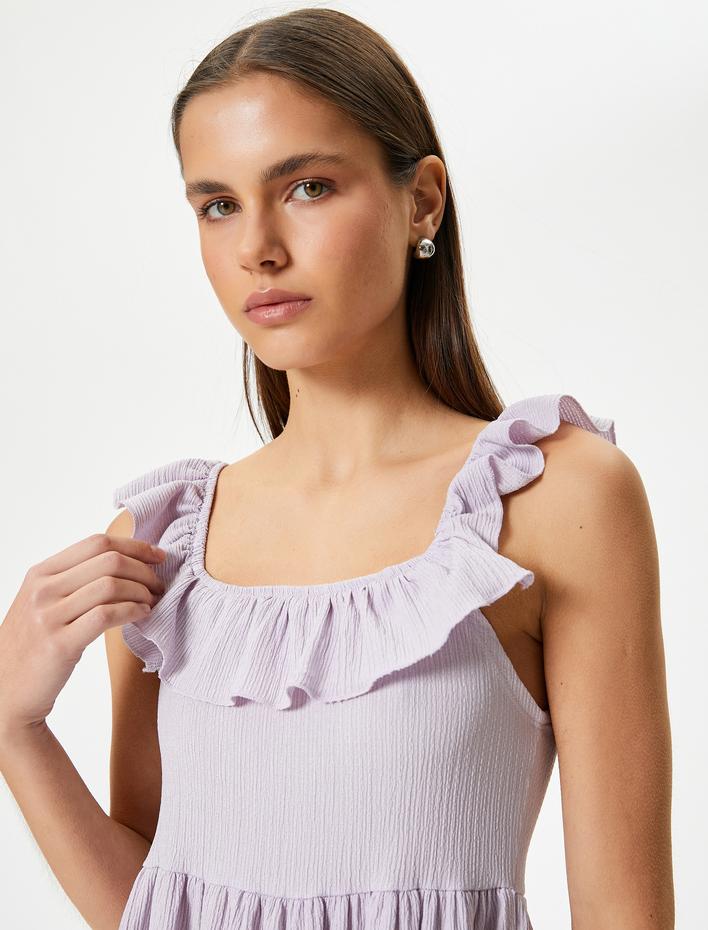  Fırfırlı Elbise Midi Boy Kolsuz Katlı Dokulu Bürümcük