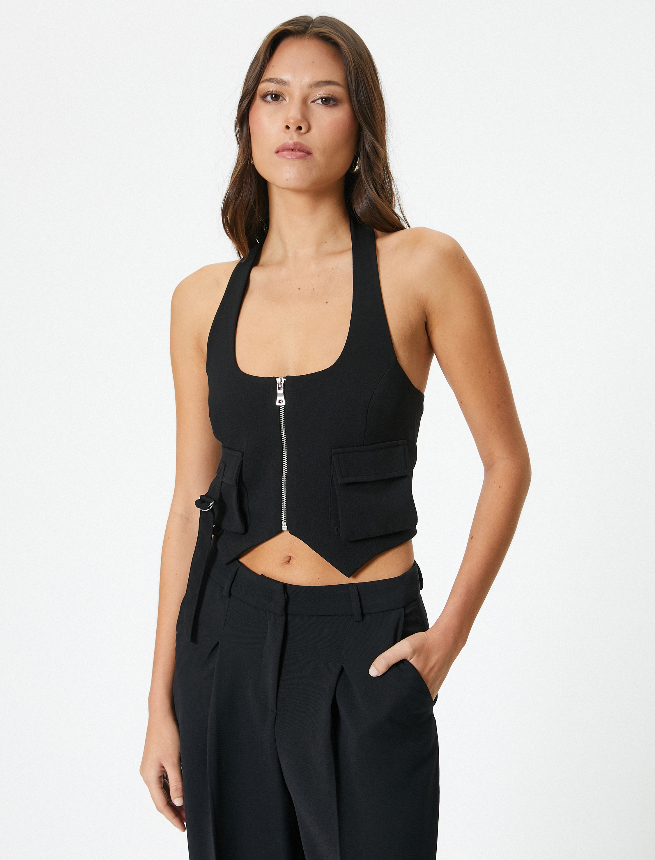   Kolsuz Crop Ceket U Yaka Fermuarlı Cep Detaylı