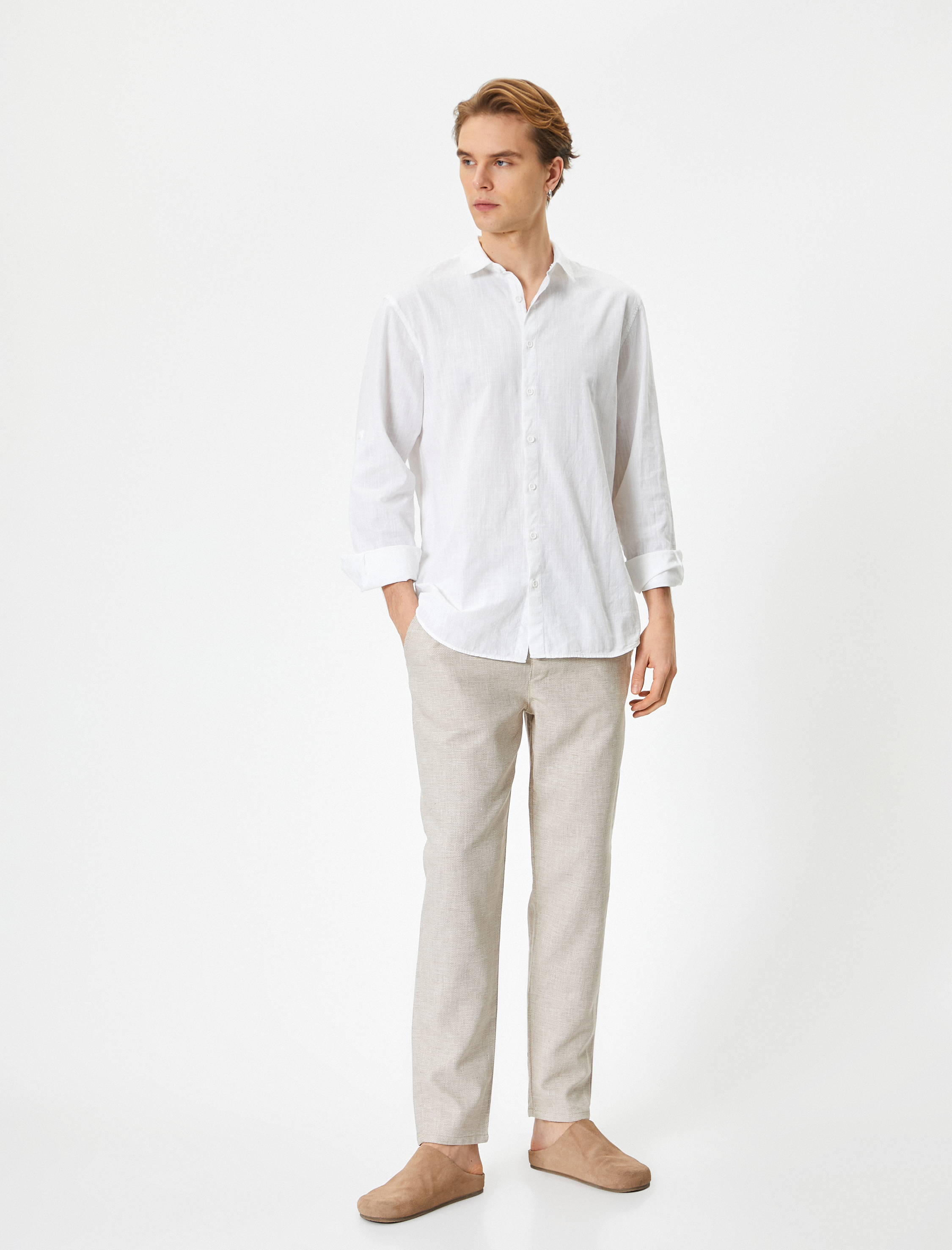   Beli Bağcıklı Pantolon Chino Normal Bel Cep Detaylı Keten Karışımlı
