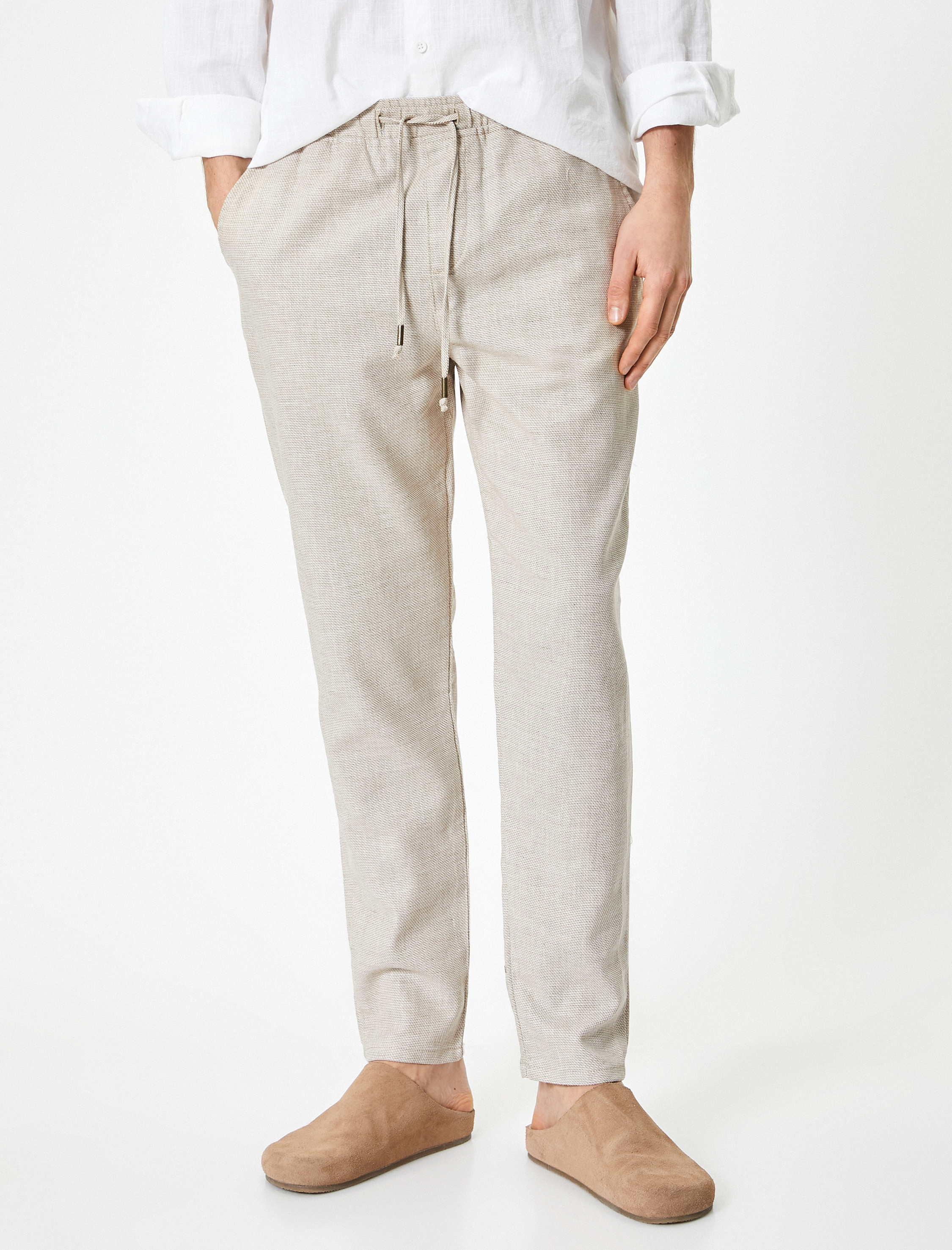   Beli Bağcıklı Pantolon Chino Normal Bel Cep Detaylı Keten Karışımlı