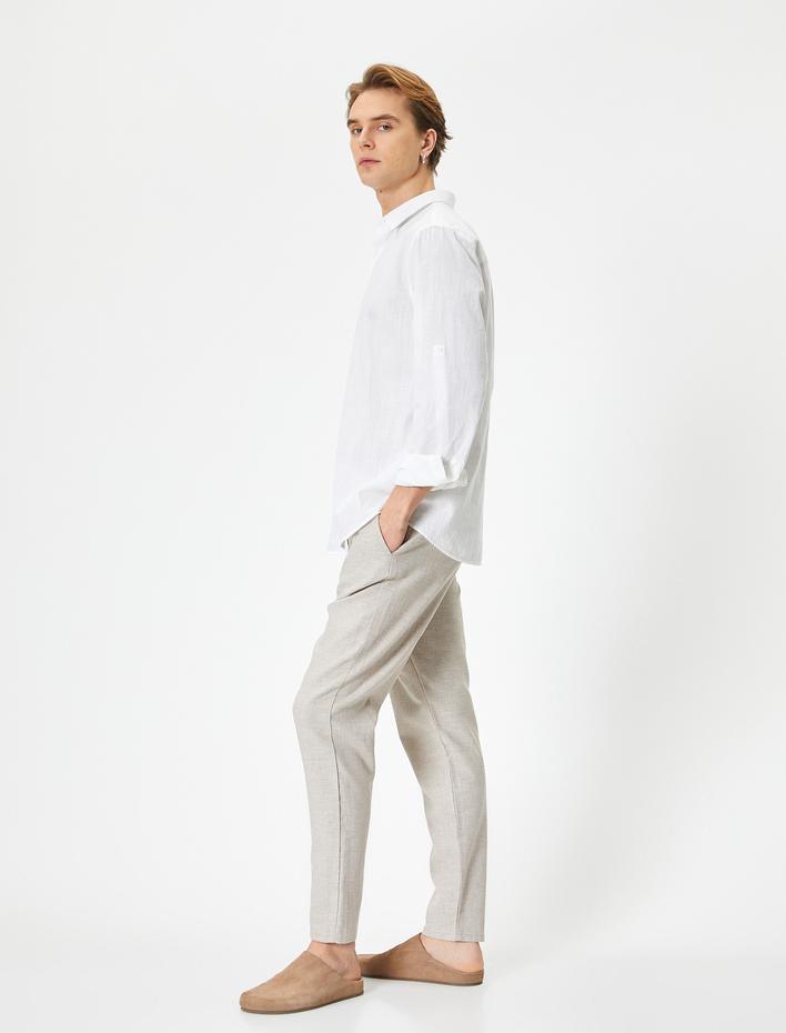  Beli Bağcıklı Pantolon Chino Normal Bel Cep Detaylı Keten Karışımlı