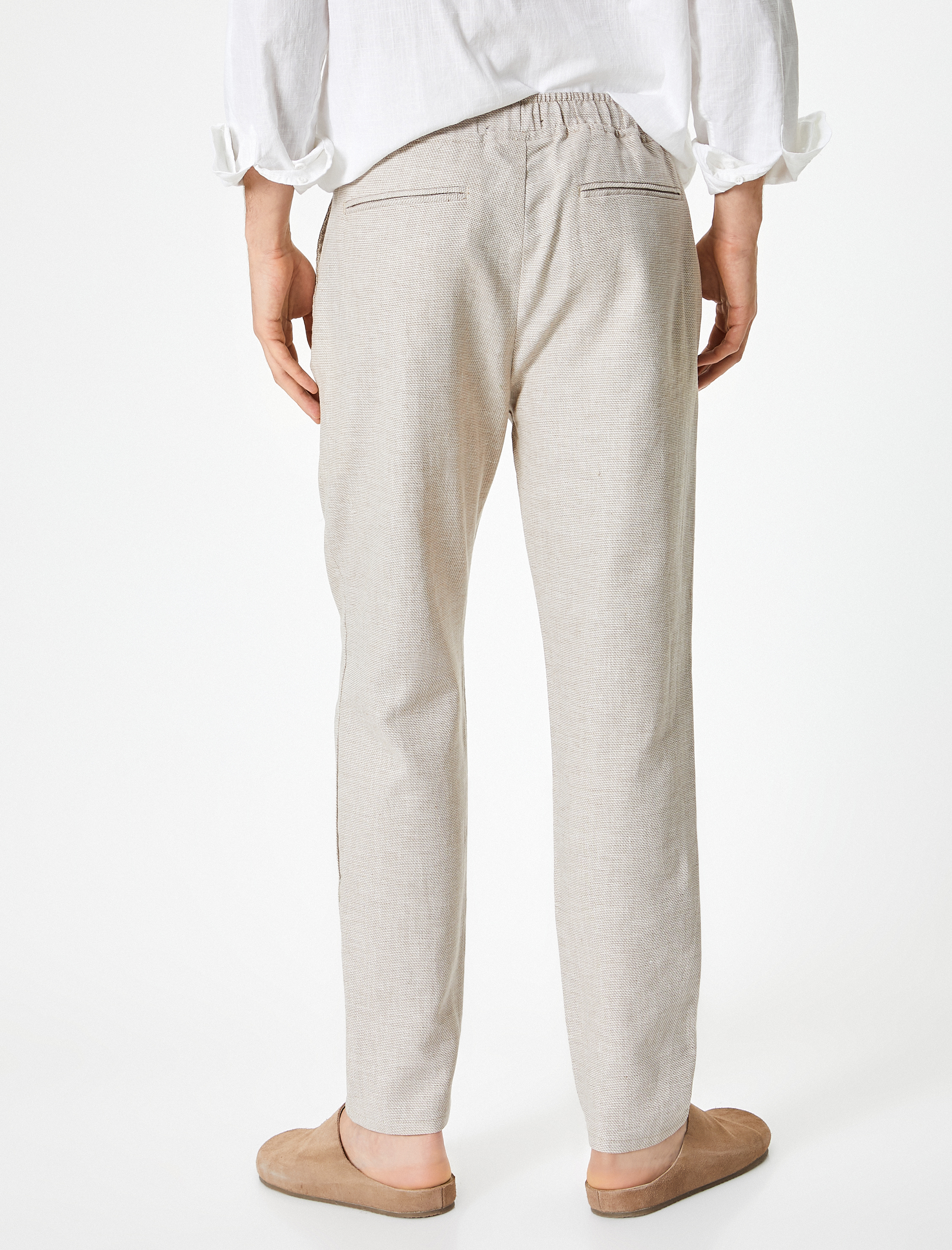   Beli Bağcıklı Pantolon Chino Normal Bel Cep Detaylı Keten Karışımlı