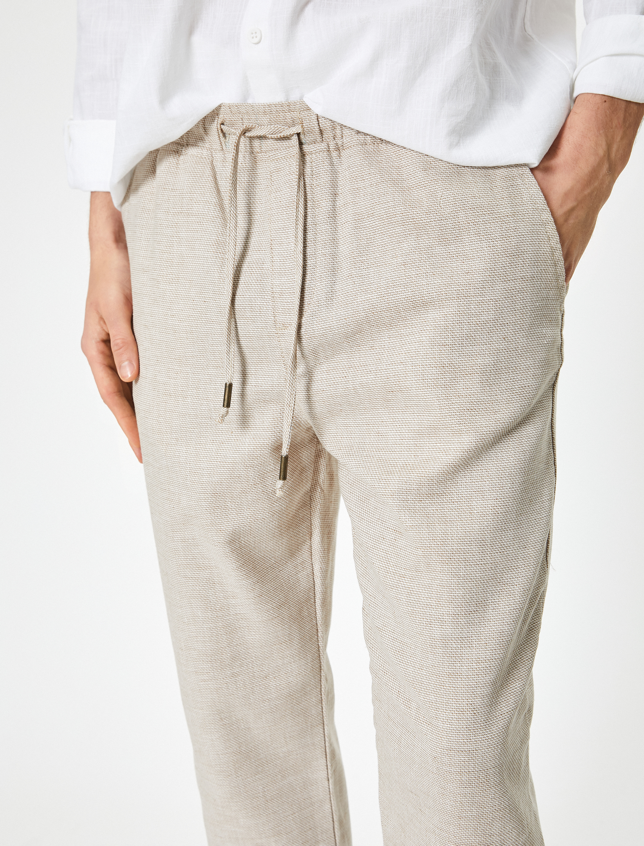   Beli Bağcıklı Pantolon Chino Normal Bel Cep Detaylı Keten Karışımlı