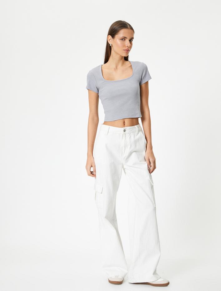  Sırt Dekolteli Tişört Crop Kısa Kollu Fitilli Slim Fit