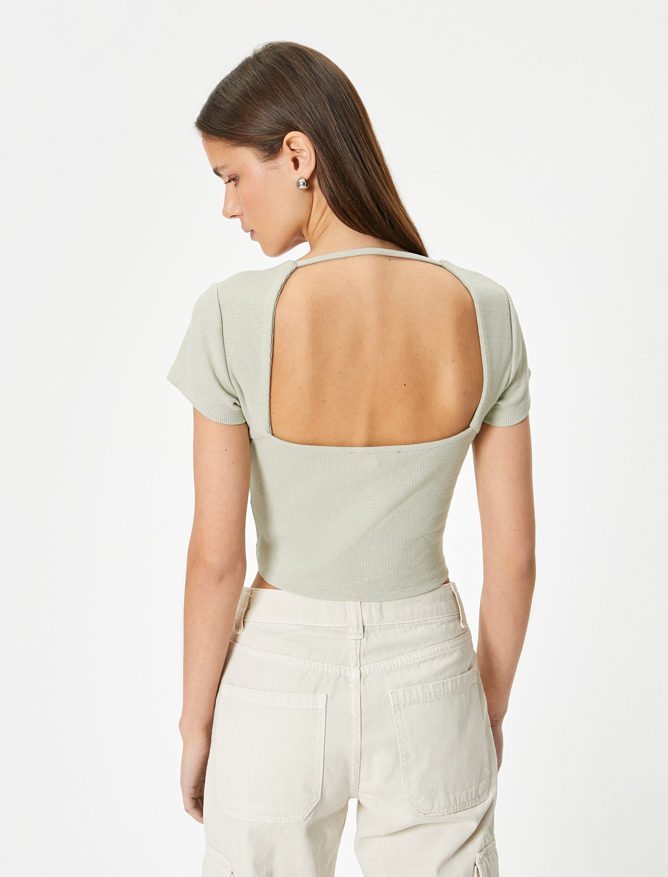   Sırt Dekolteli Tişört Crop Kısa Kollu Fitilli Slim Fit