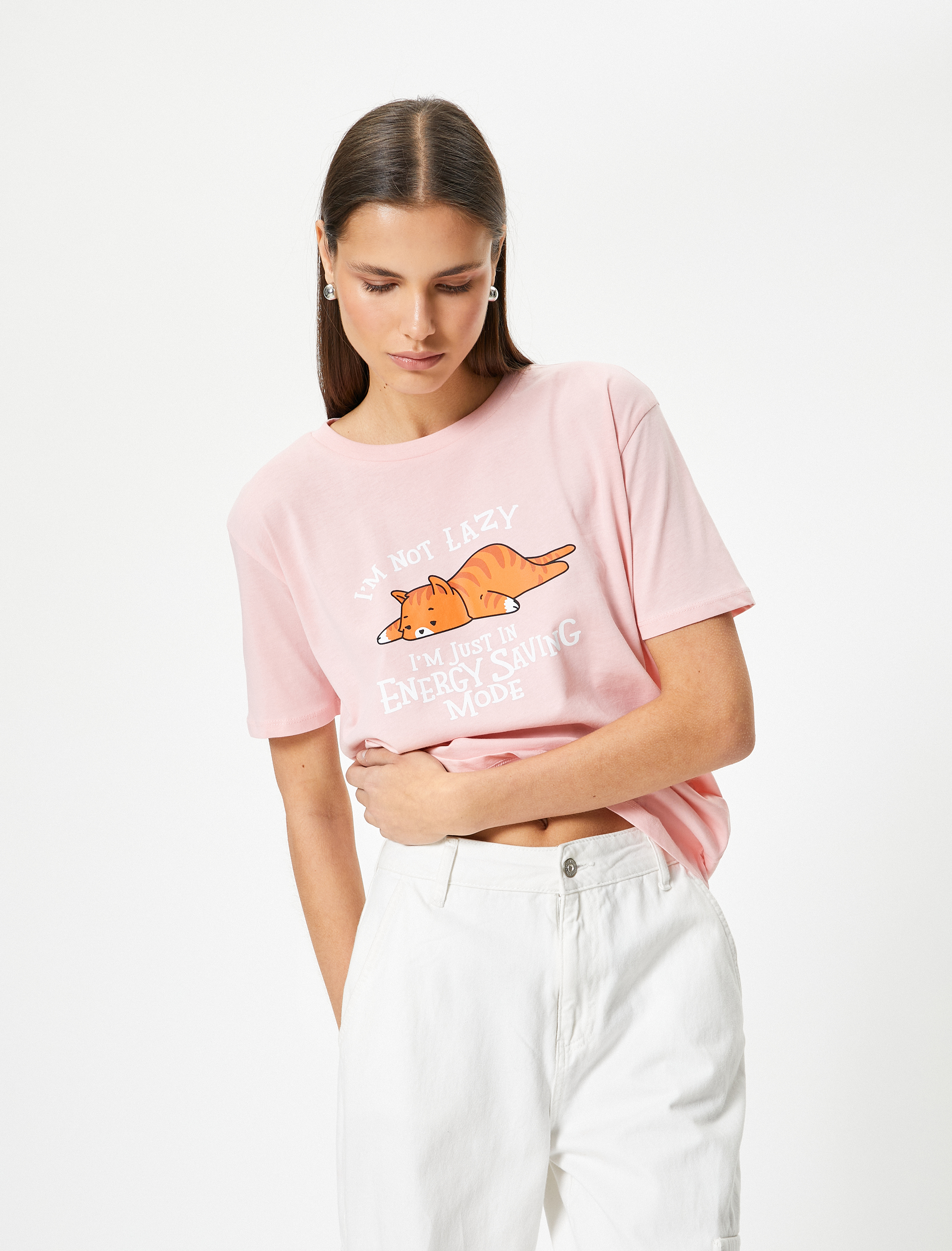 Koton Kadın Kedi Baskılı T-Shirt Kısa Kollu Bisiklet Yaka Rahat Kalıp
