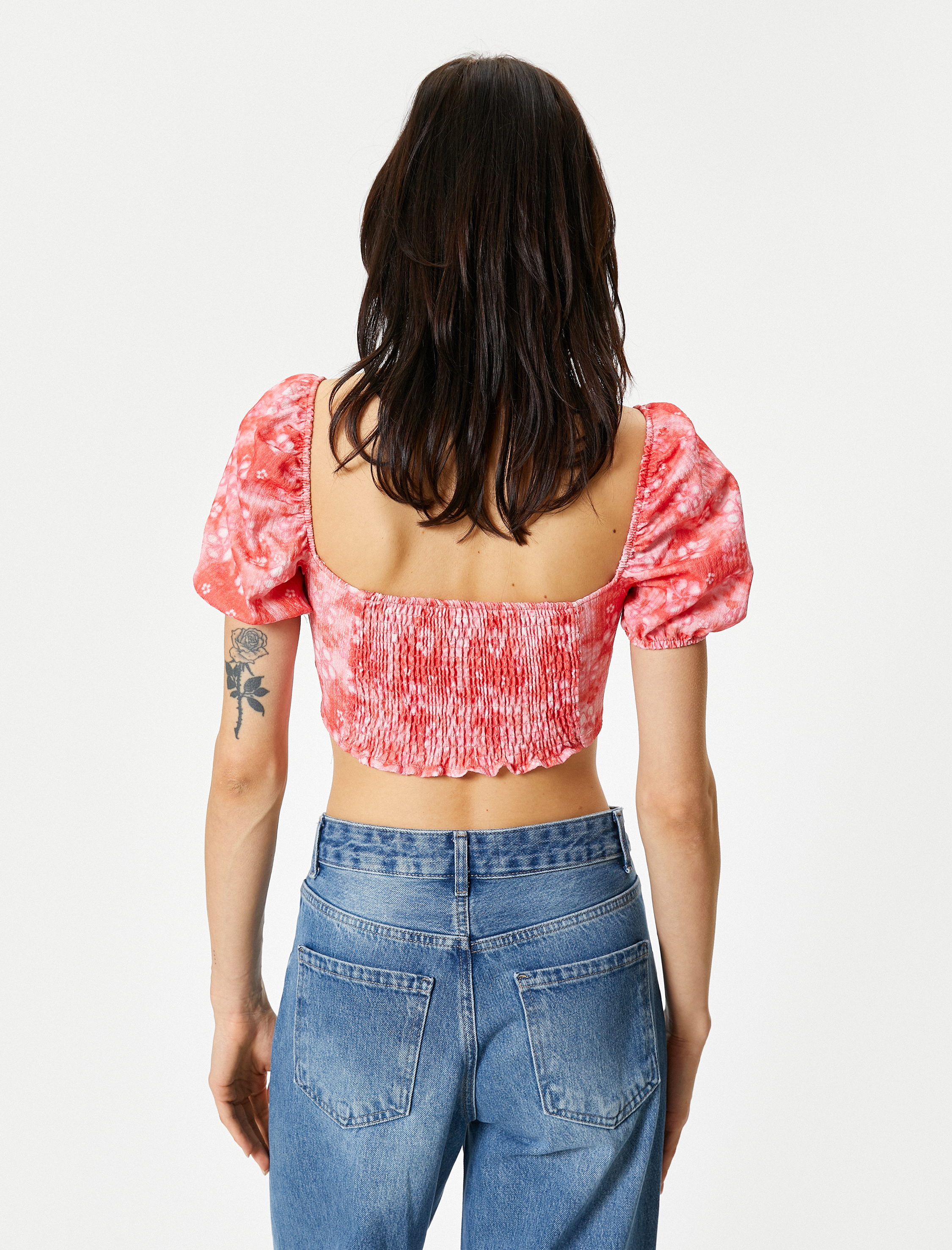 Balon Kol Crop Üst Floral Önden Bağlama Detaylı