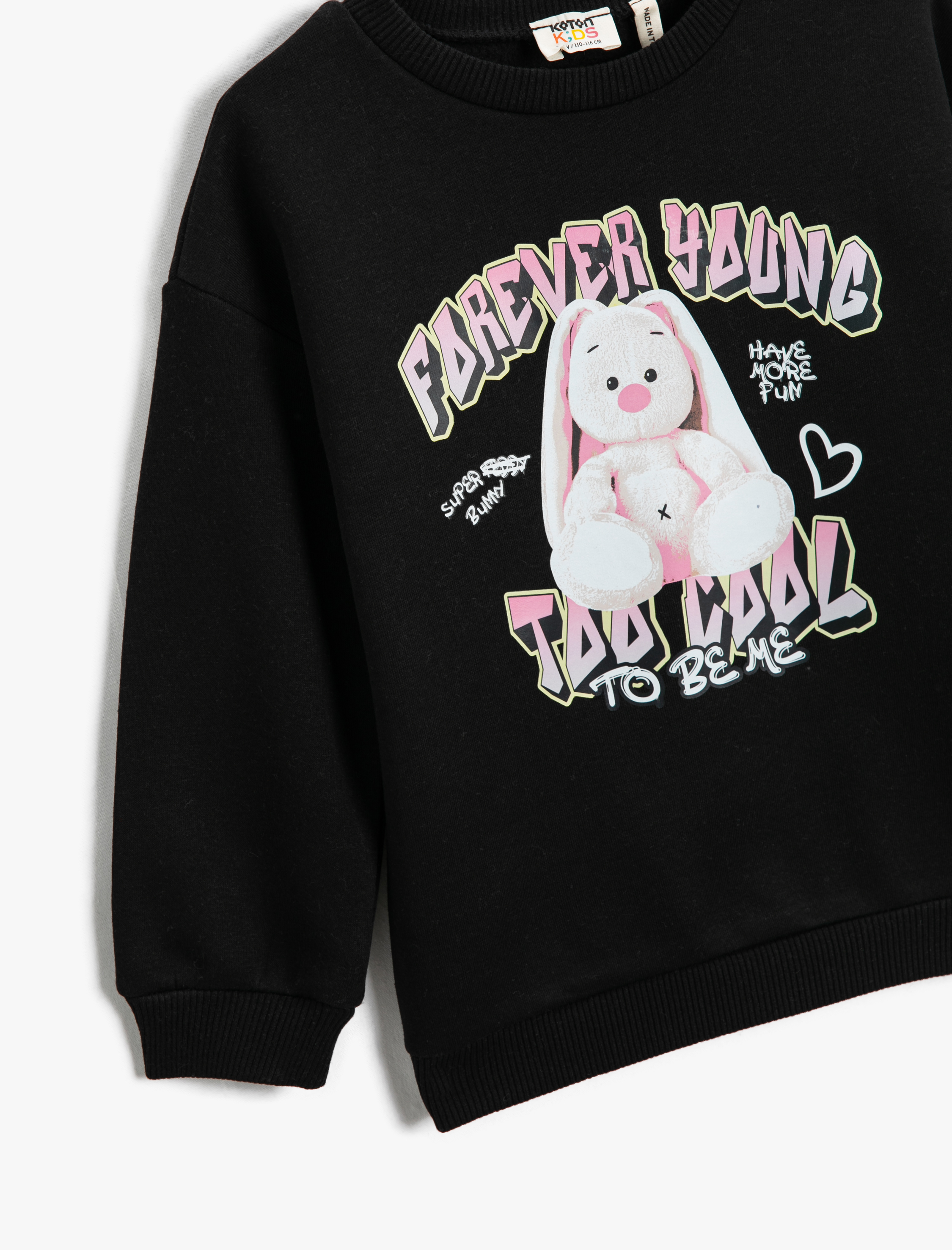  Kız Çocuk Tavşan Baskılı Sweatshirt Uzun Kollu Bisiklet Yaka Şardonlu