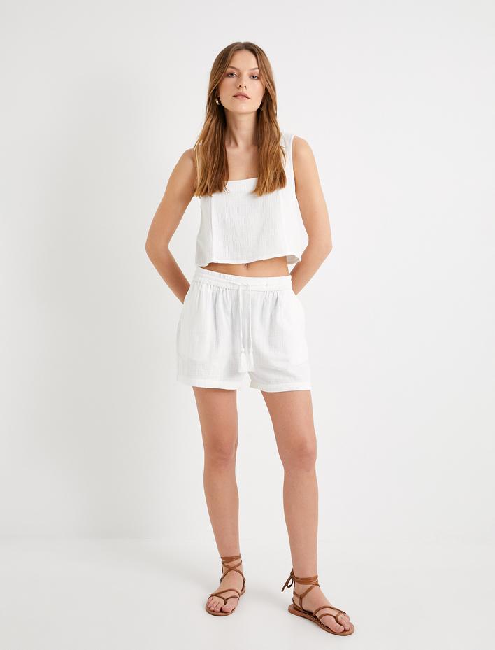  Müslin Crop Atlet Kare Yaka Kalın Askılı Pamuklu