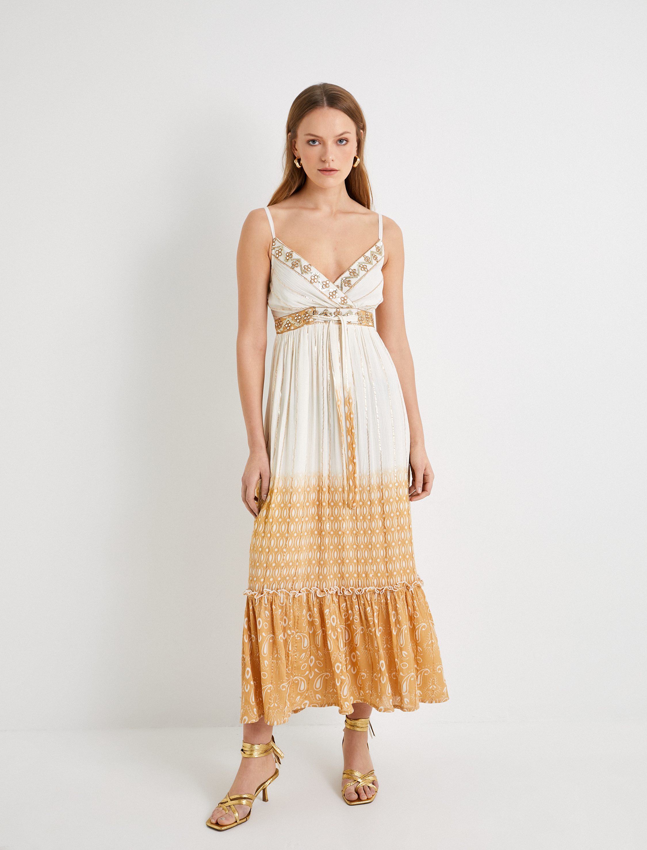   Uzun Elbise V Yaka İnce Askılı Viskon Beli Bağlamalı