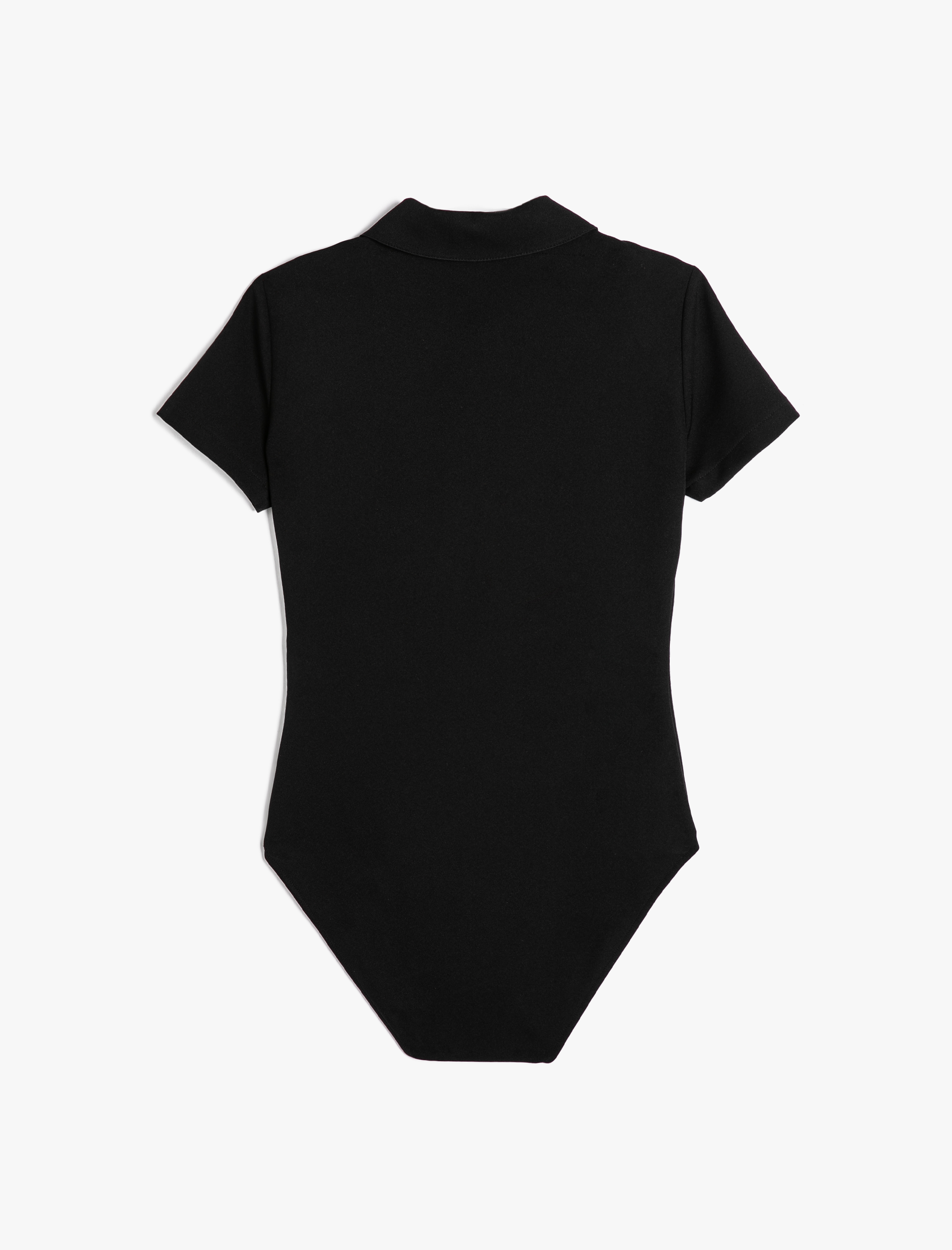Yarım Fermuarlı Polo Yaka Bodysuit Kısa Kollu Slim Fit