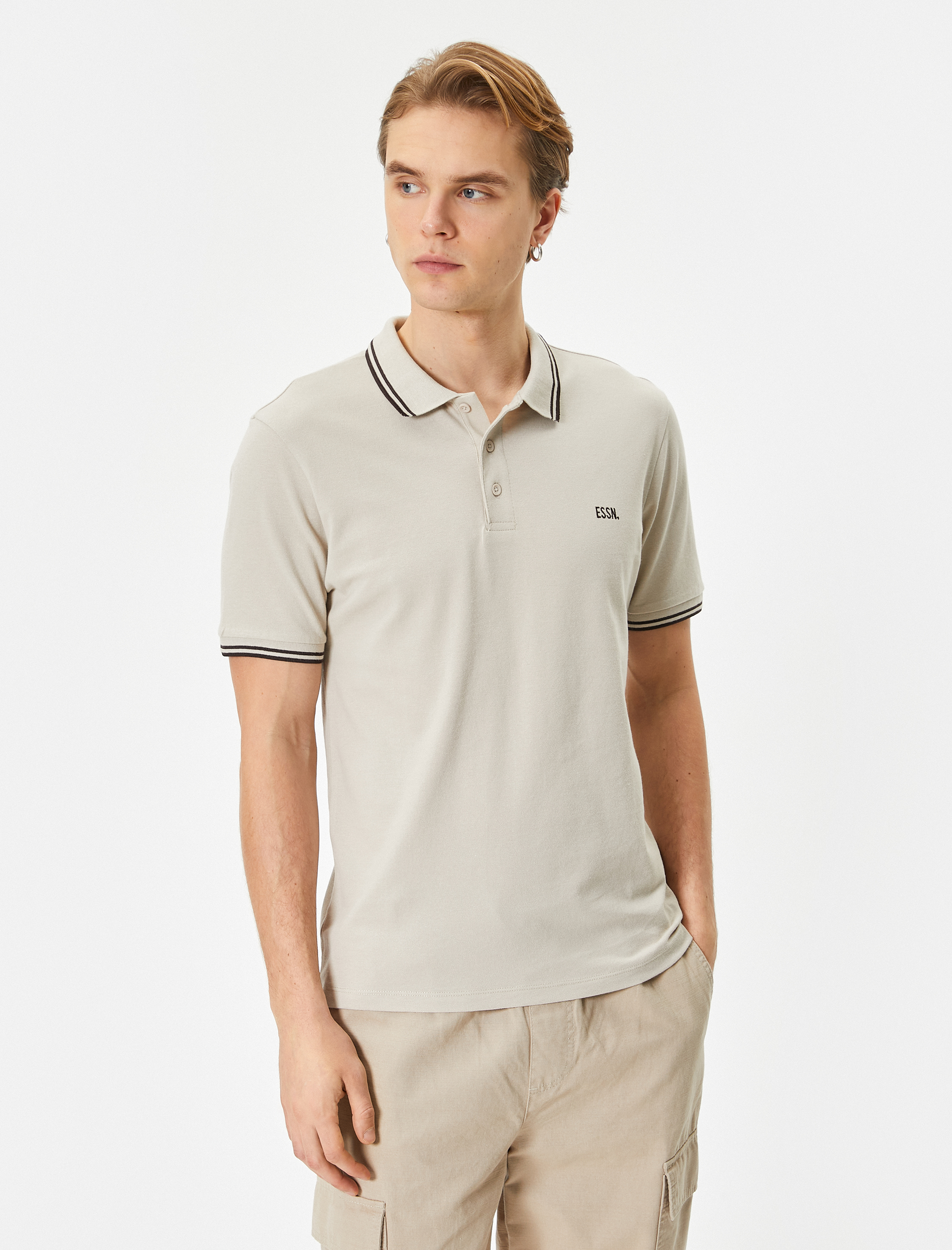   Polo Yaka Tişört Düğmeli Kısa Kollu Sloganlı Biyeli