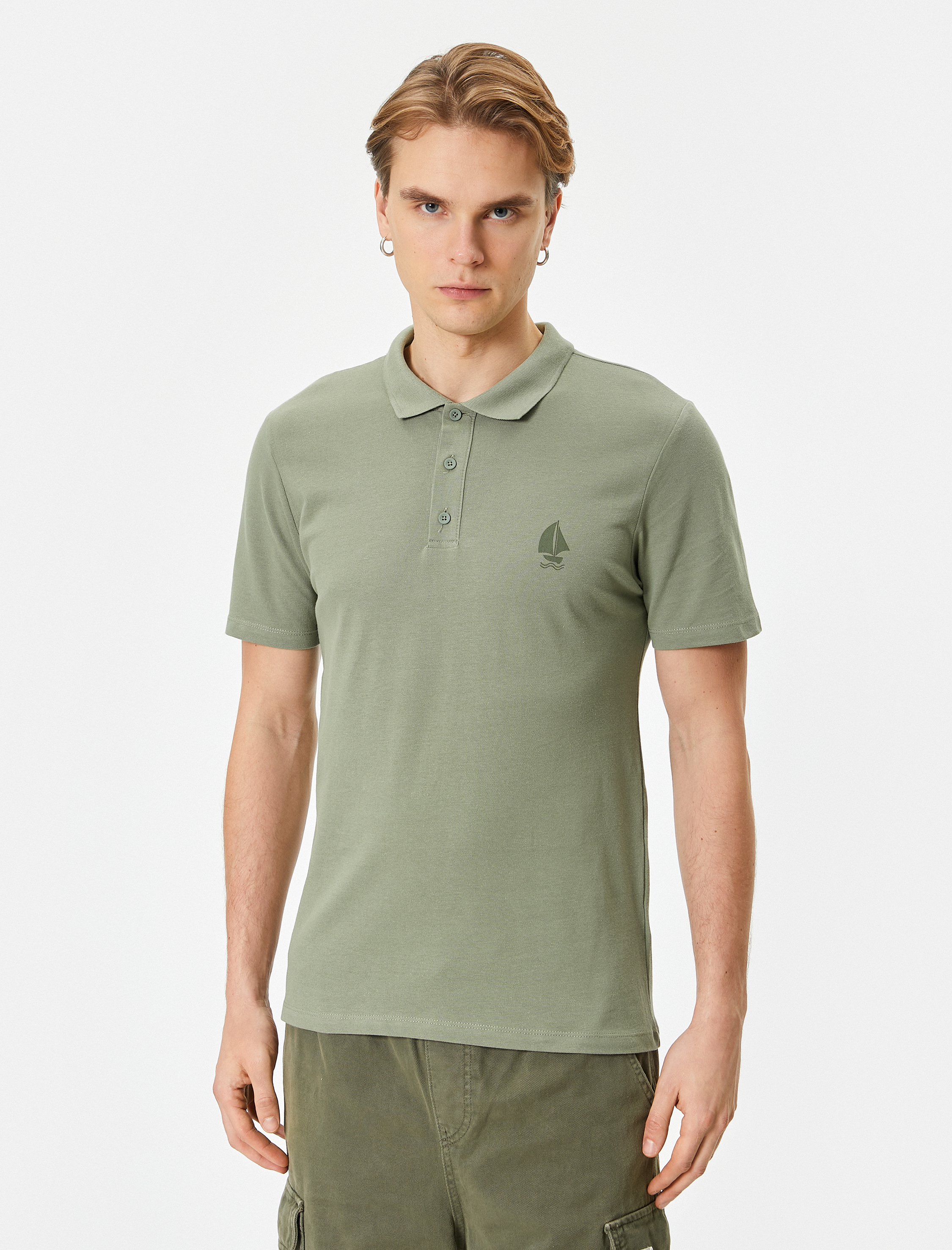   Polo Yaka Tişört Minimal Baskılı Düğmeli Kısa Kollu