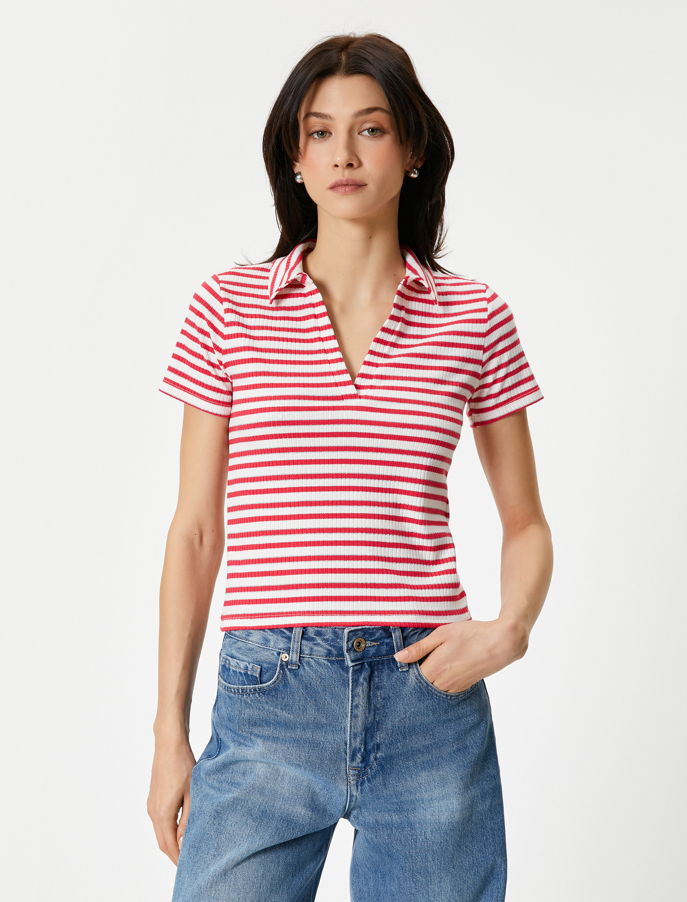   Simli Polo Yaka Tişört Kısa Kollu Fitilli Standart Kesim