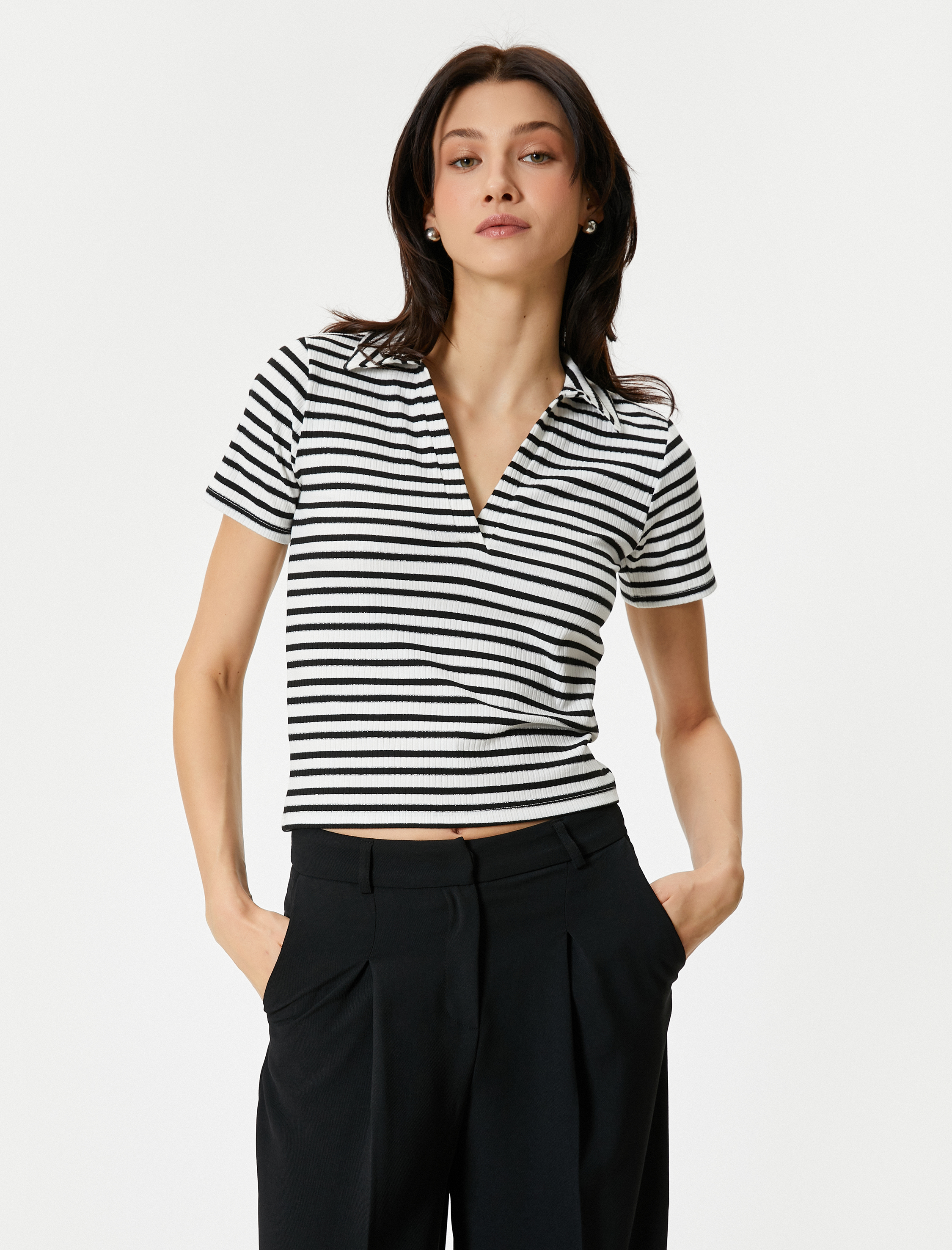   Simli Polo Yaka Tişört Kısa Kollu Fitilli Standart Kesim