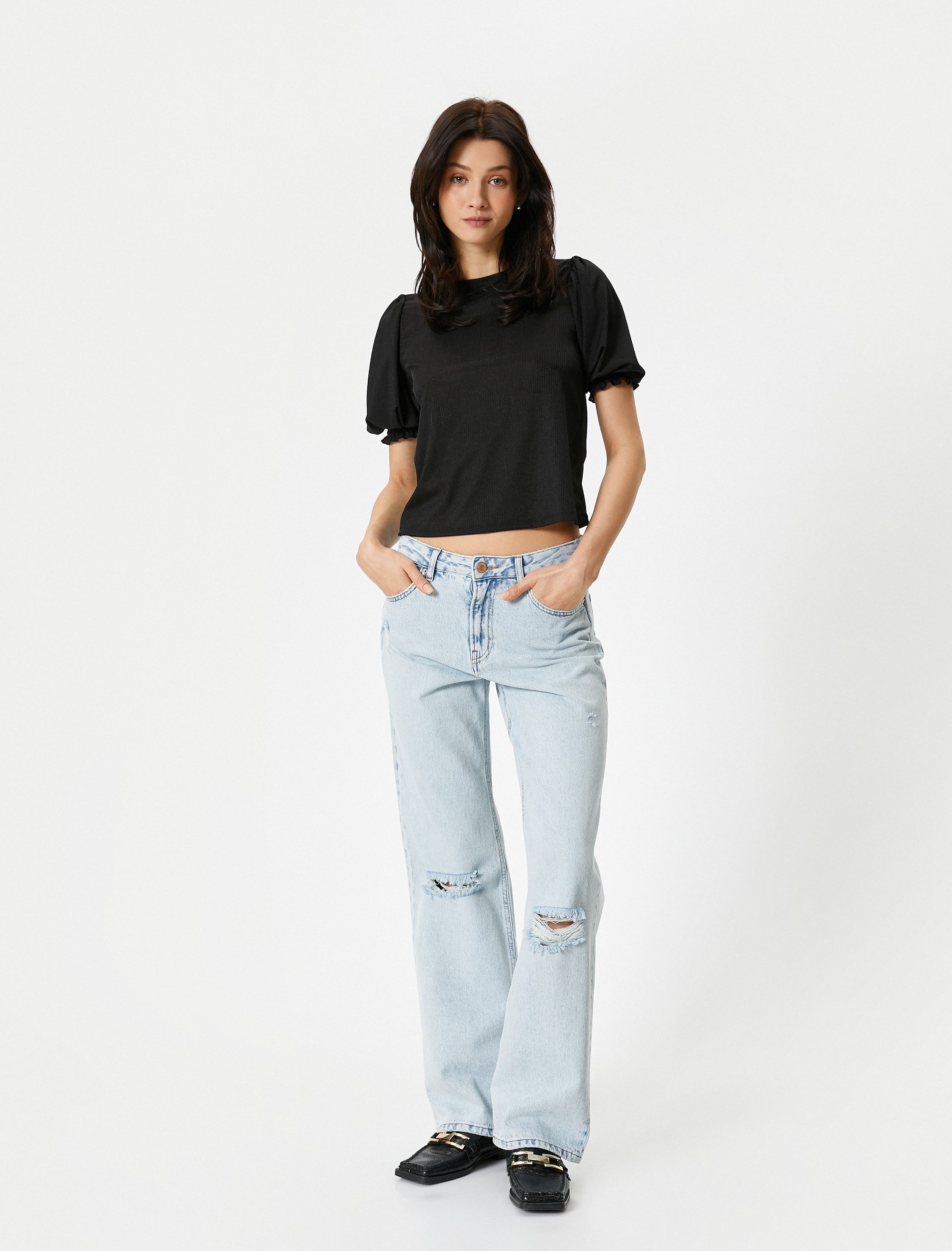   Balon Kol Bluz Bisiklet Yaka Standart Kesim Dokulu