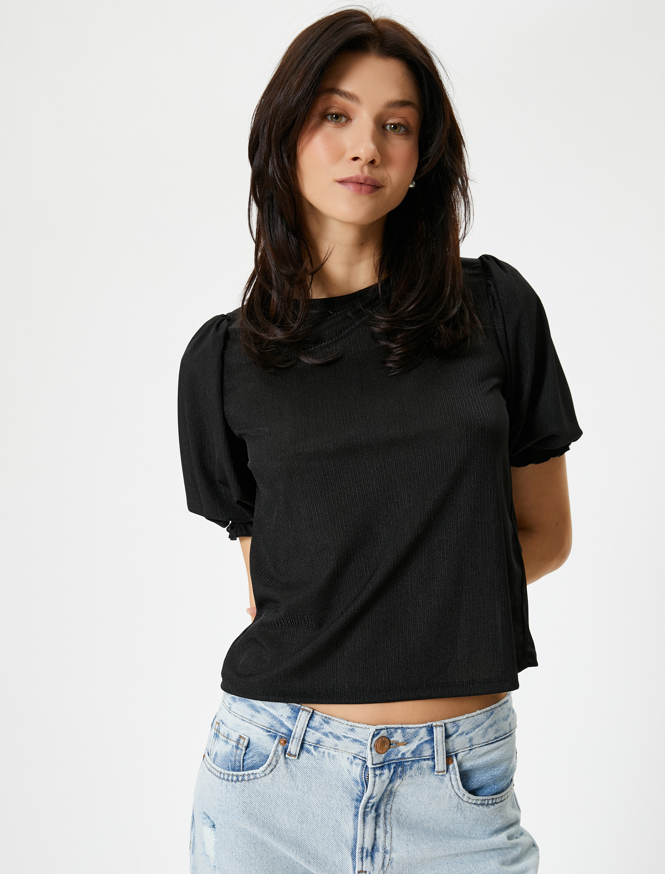   Balon Kol Bluz Bisiklet Yaka Standart Kesim Dokulu