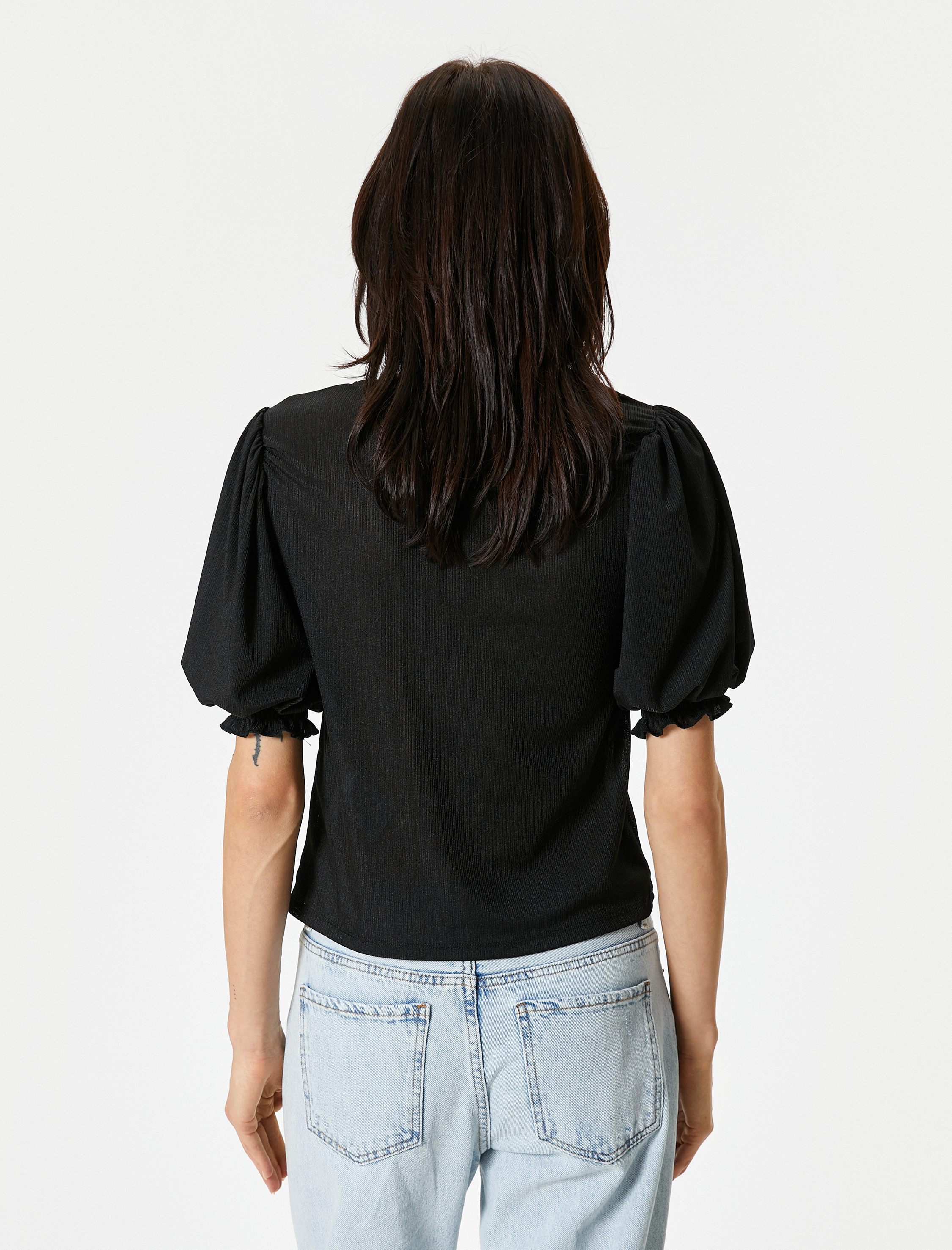   Balon Kol Bluz Bisiklet Yaka Standart Kesim Dokulu