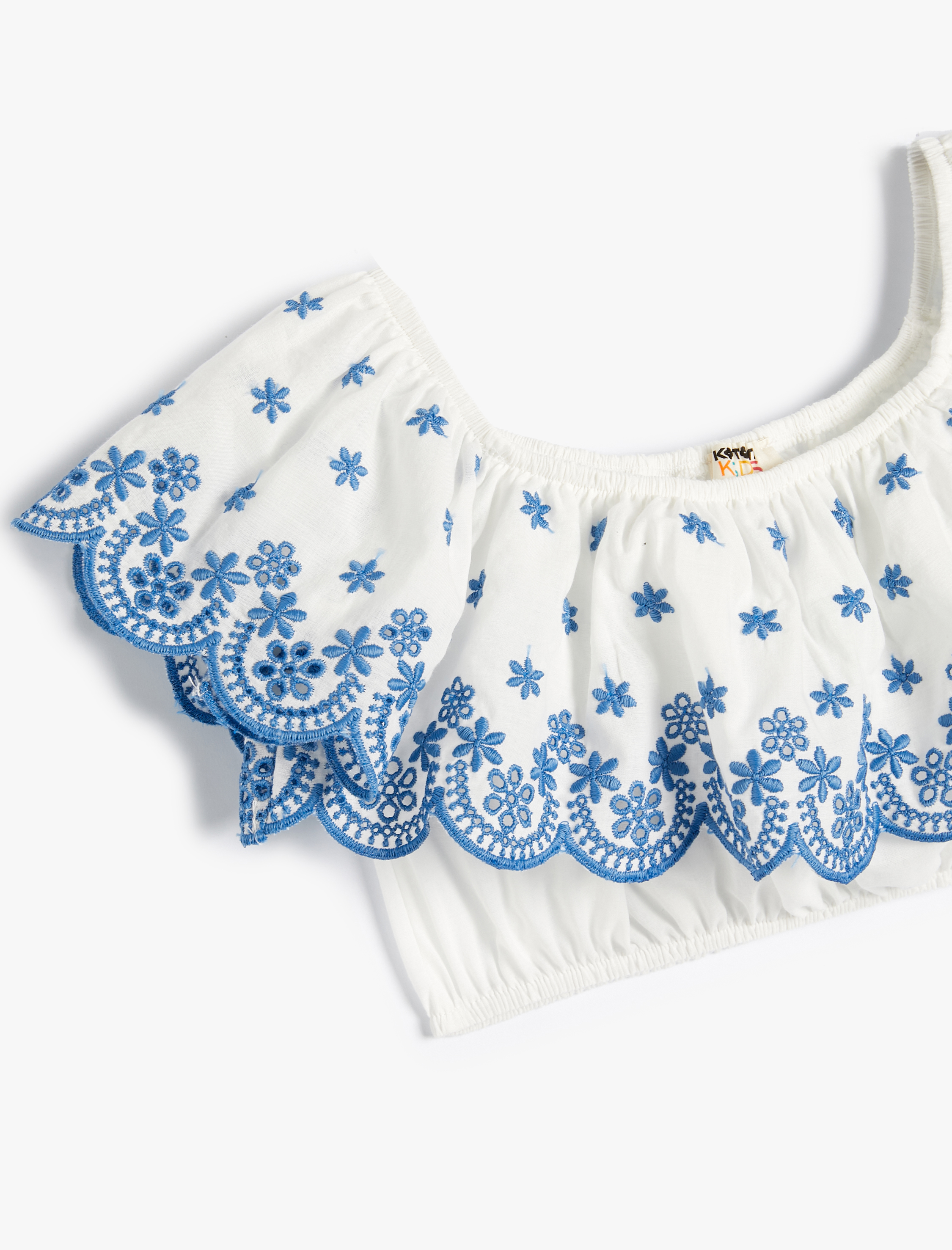  Kız Çocuk Crop Bluz Düşük Omuz Fırfırlı İşlemeli