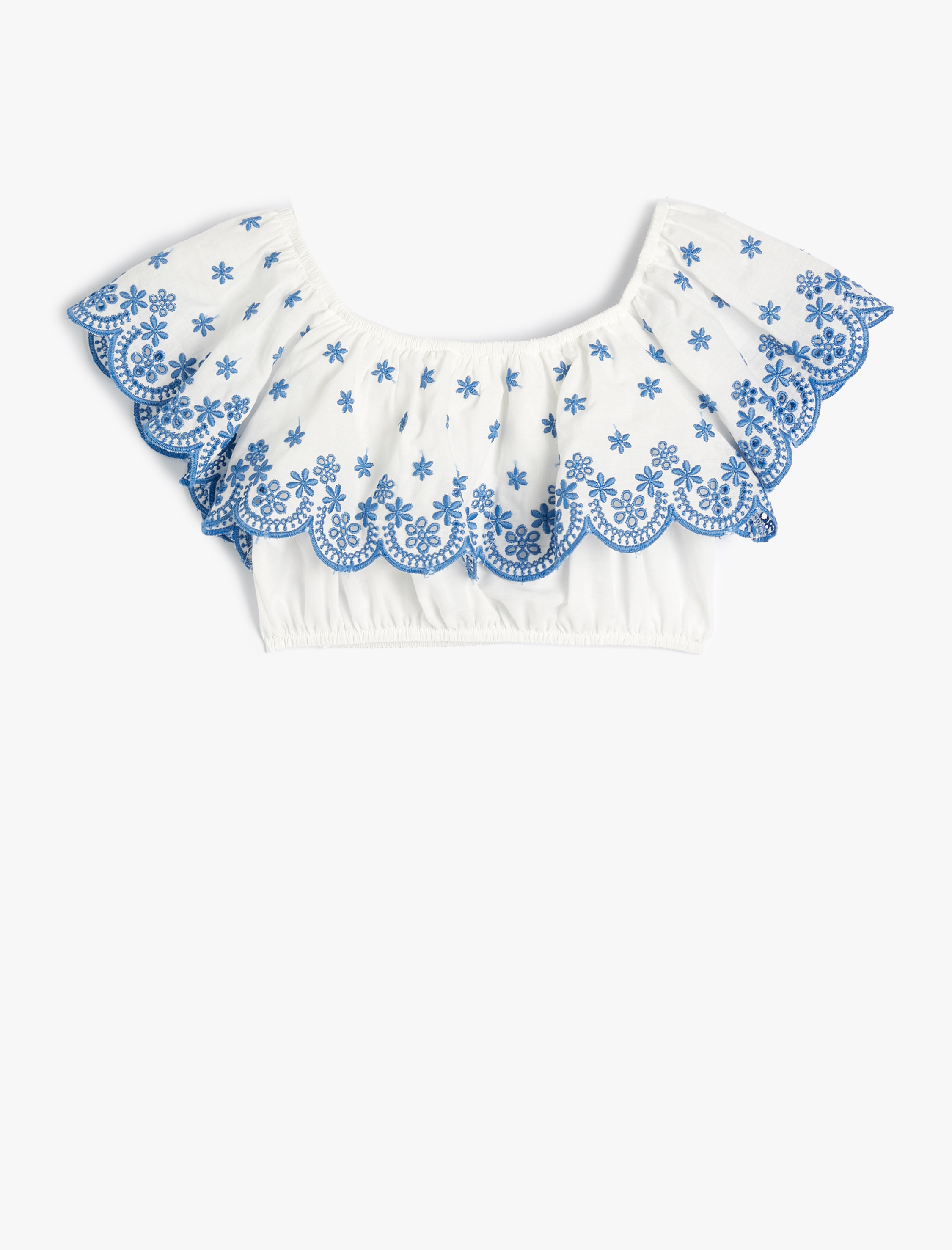  Kız Çocuk Crop Bluz Düşük Omuz Fırfırlı İşlemeli