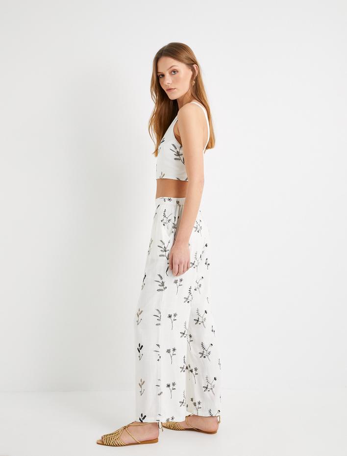  Bol Paça Pantolon Normal Bel Cep Detaylı Çiçekli