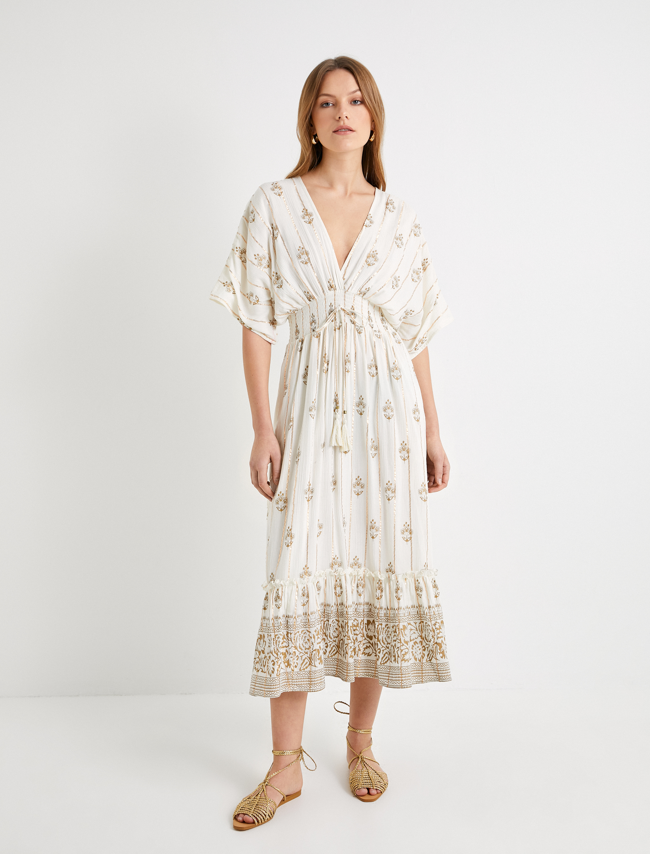   Midi Elbise Yarasa Kol V Yaka Desenli Beli Gipeli Püsküllü