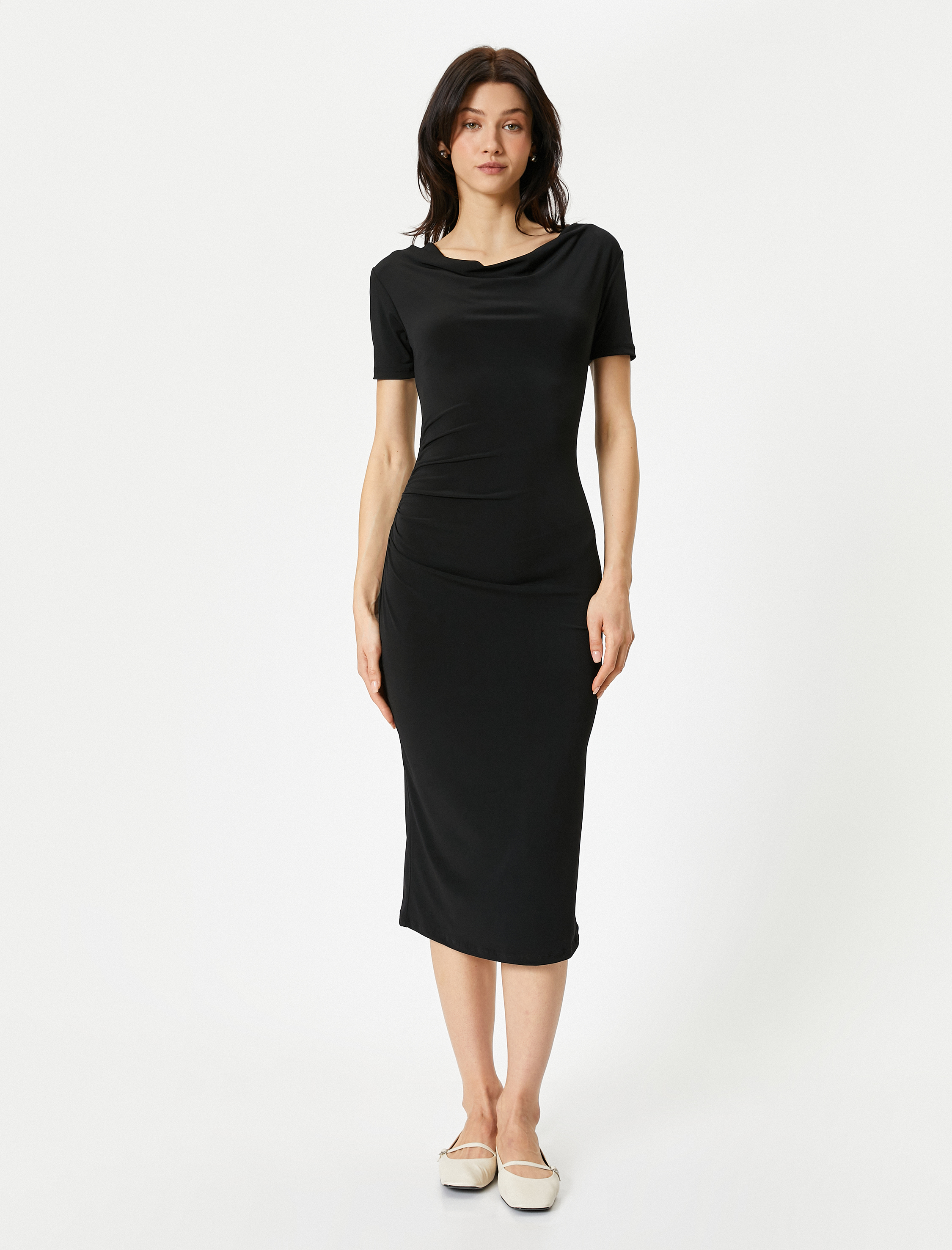   Midi Elbise Drape Yaka Kısa Kollu Standart Kesim