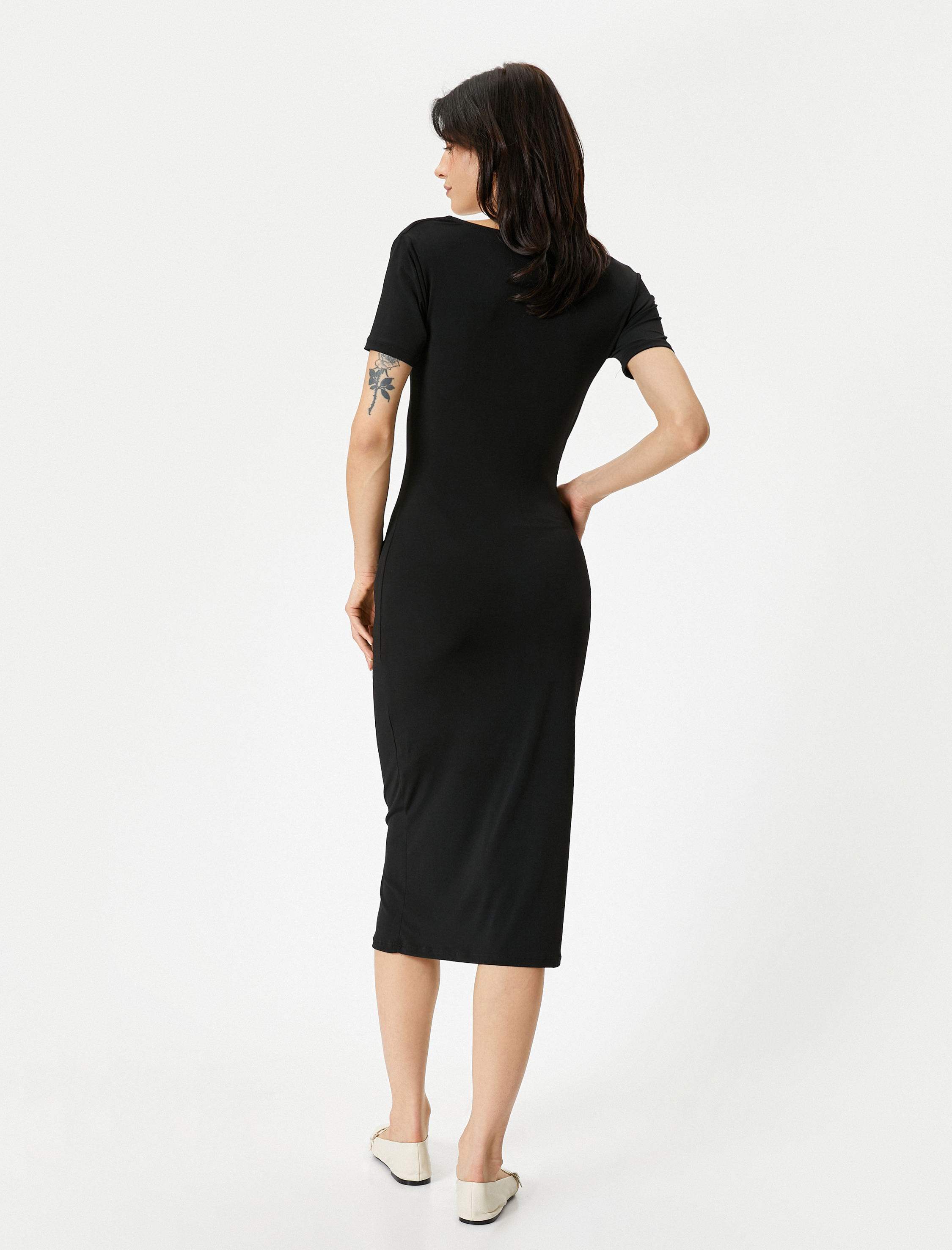   Midi Elbise Drape Yaka Kısa Kollu Standart Kesim