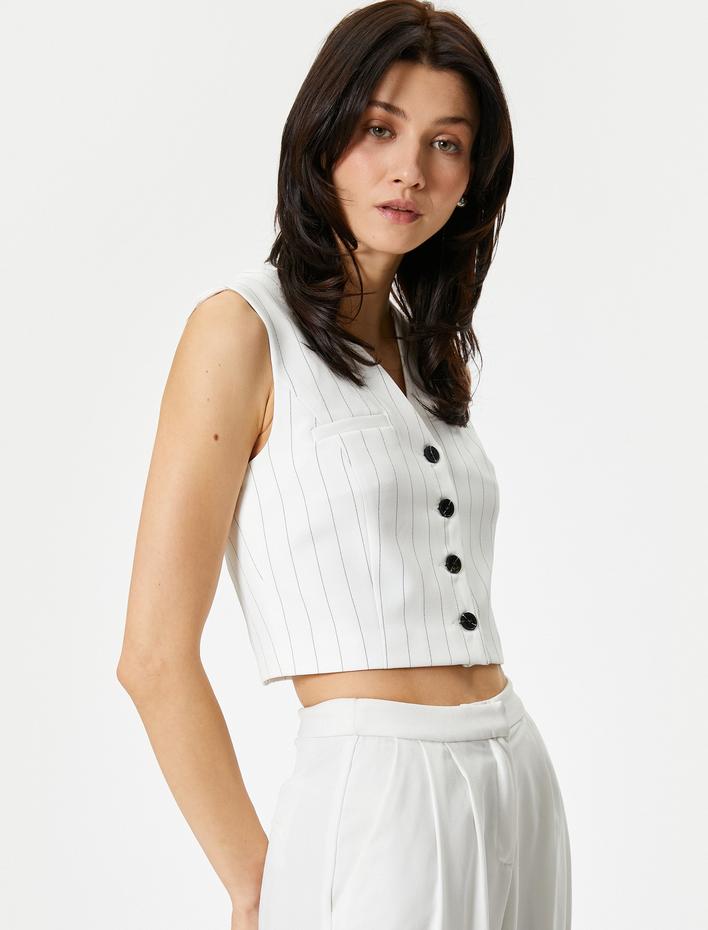  Crop Yelek Düğmeli Fleto Cepli Düğmeli V Yaka