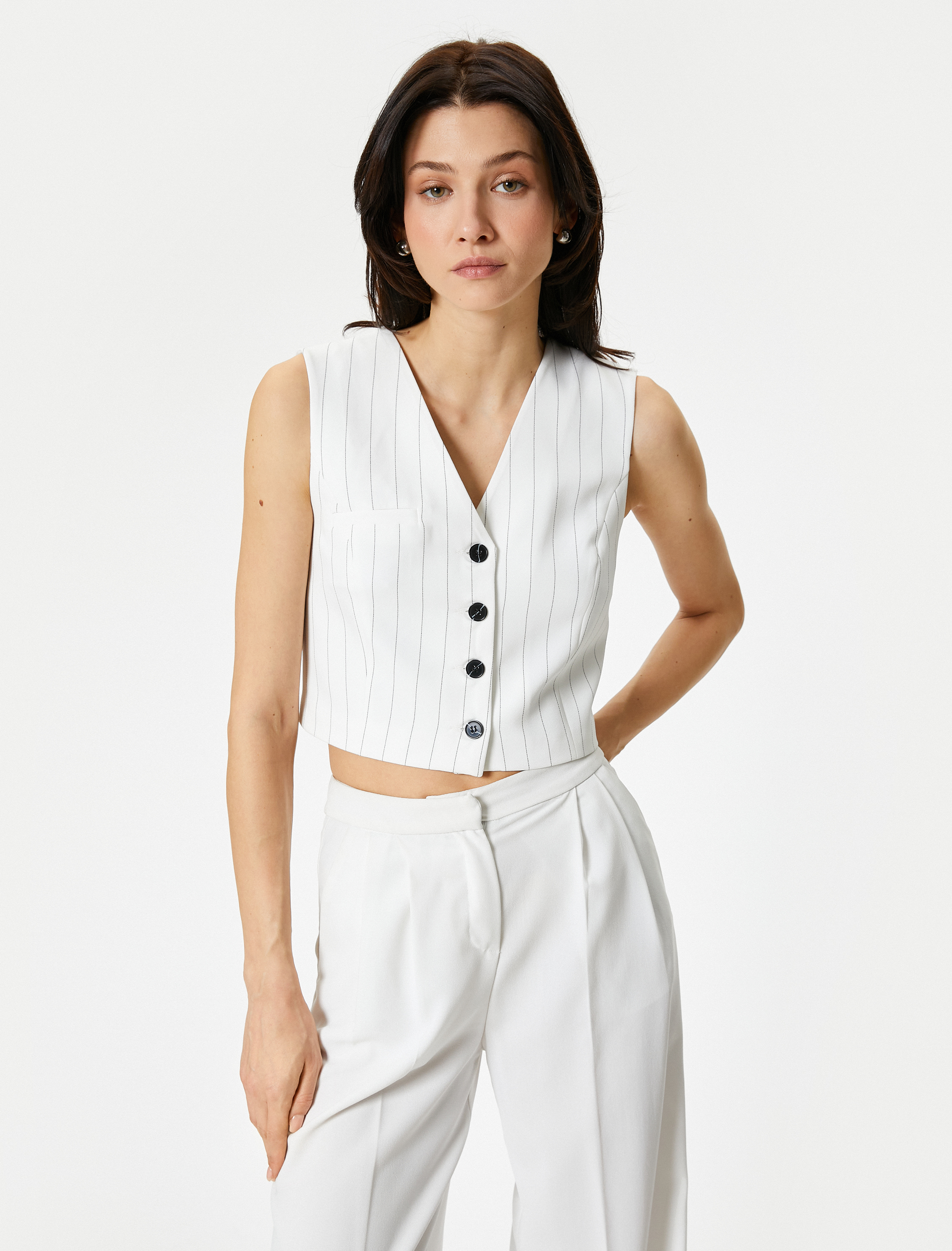   Crop Yelek Düğmeli Fleto Cepli Düğmeli V Yaka