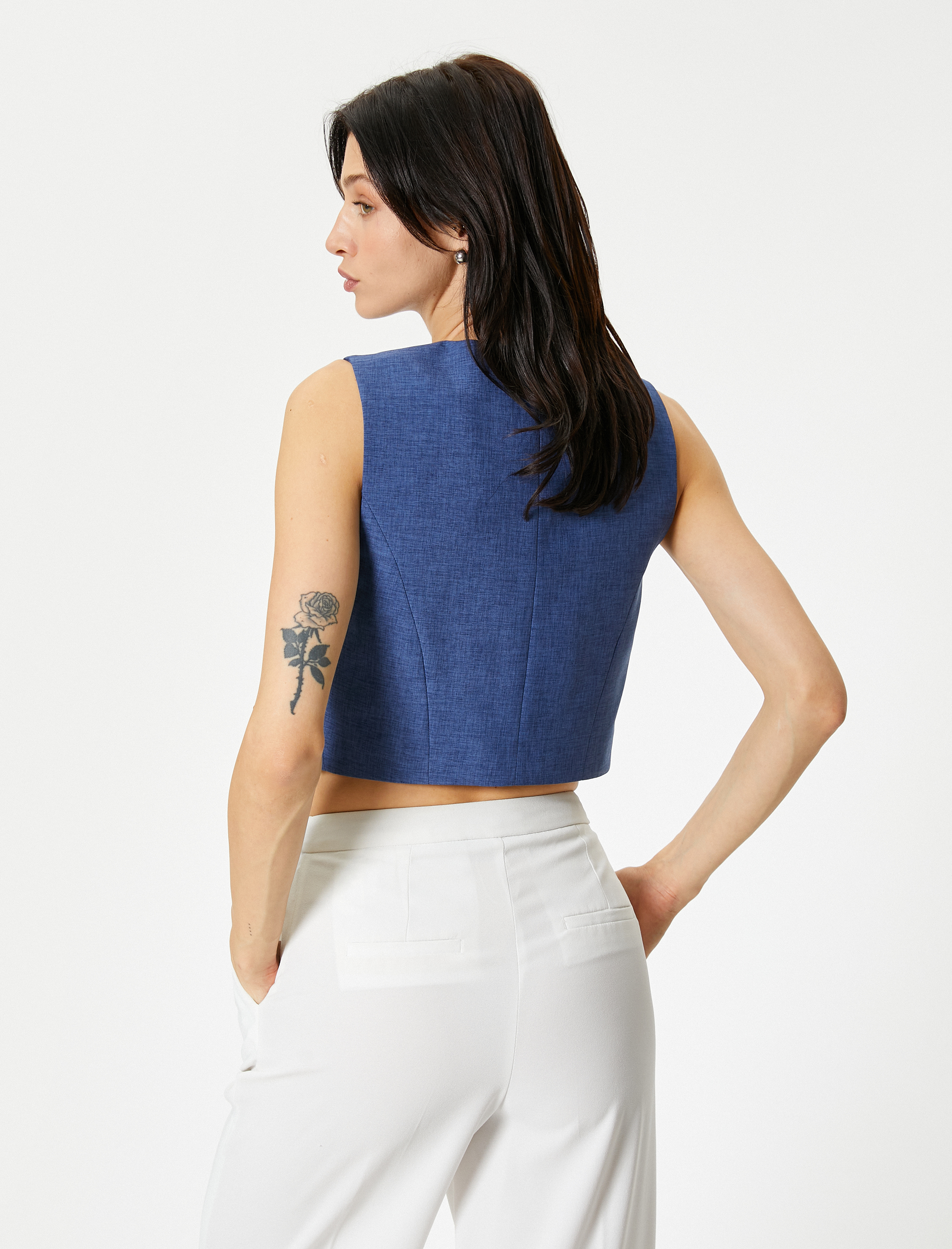   Crop Yelek V Yaka Düğmeli Fleto Cepli