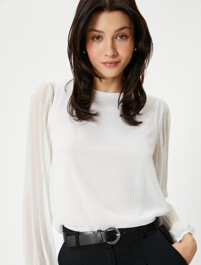  Şifon Kollu Bluz Pileli Bisiklet Yaka Standart Kesim