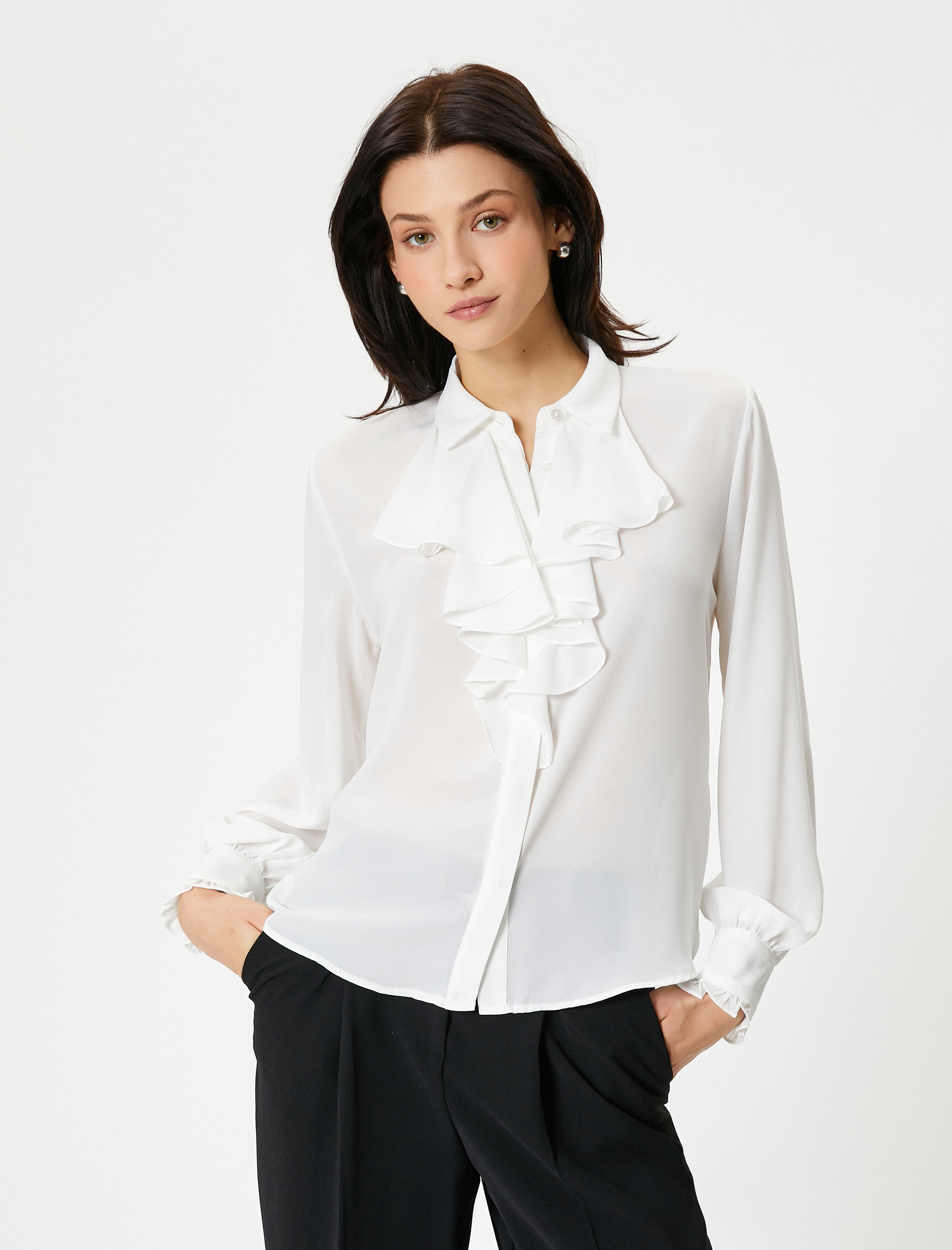   Fırfırlı Yaka Gömlek Düğmeli Balon Kollu Standart Kesim