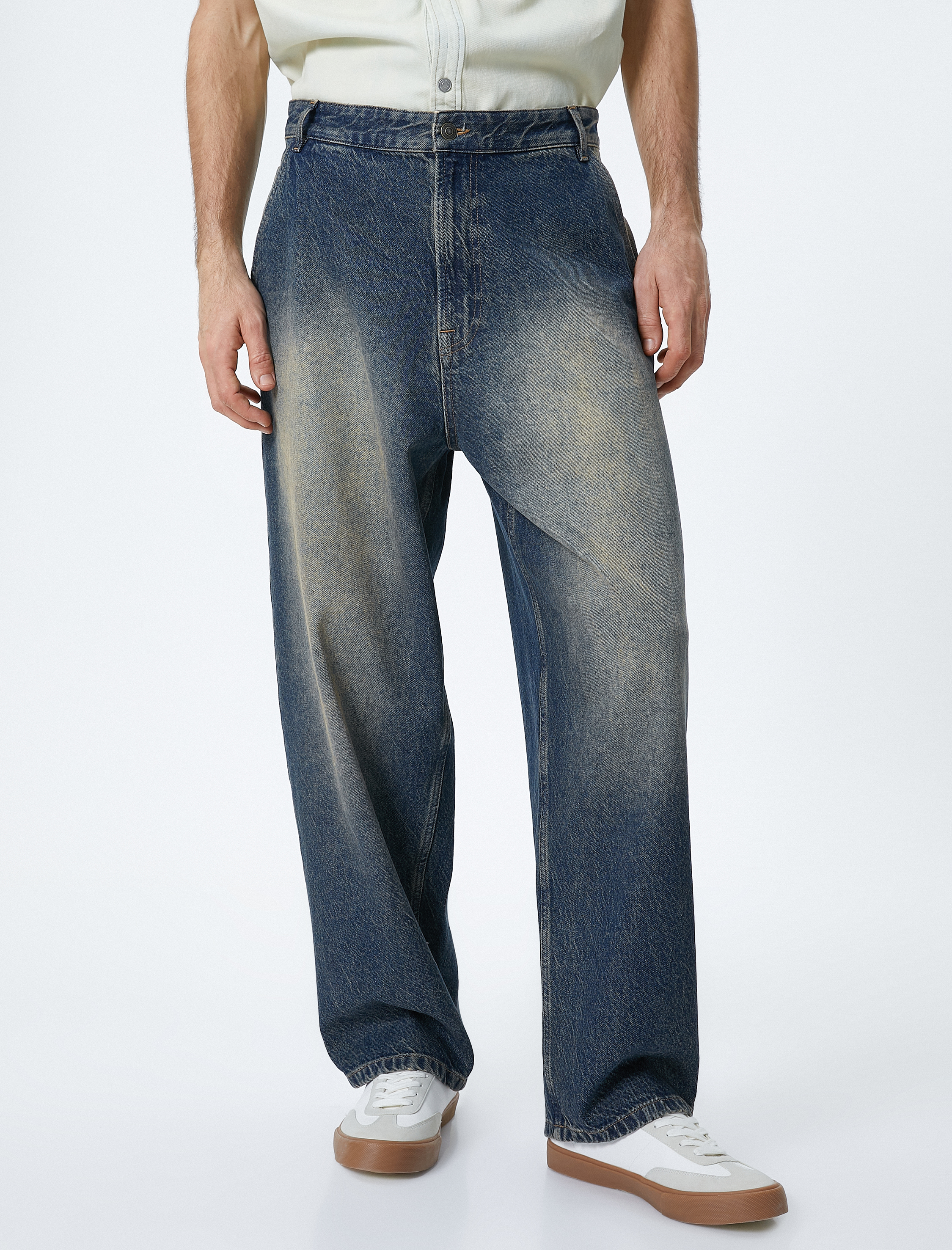   Bol Kot Pantolon Yıkamalı Düğmeli Cep Detaylı