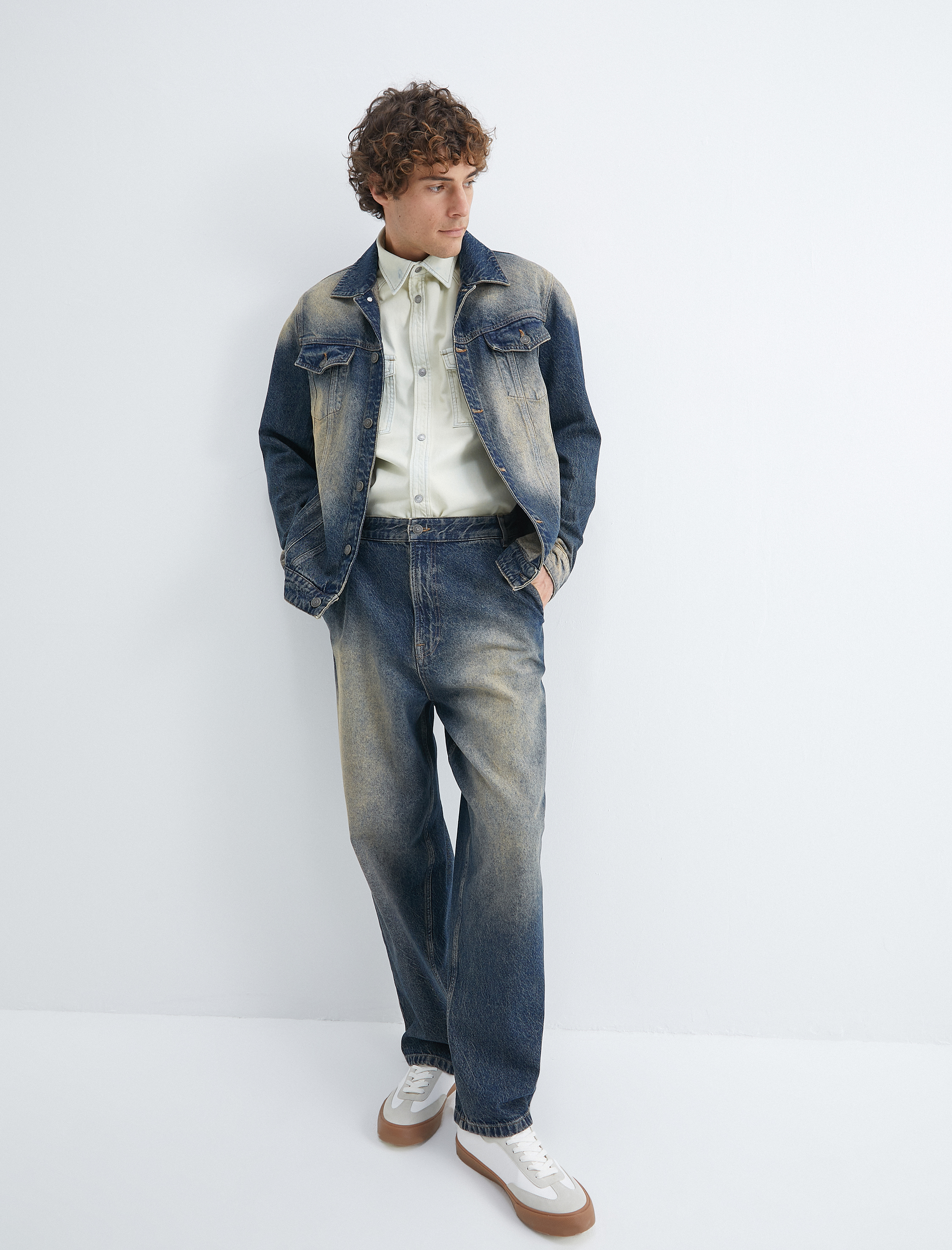   Bol Kot Pantolon Yıkamalı Düğmeli Cep Detaylı