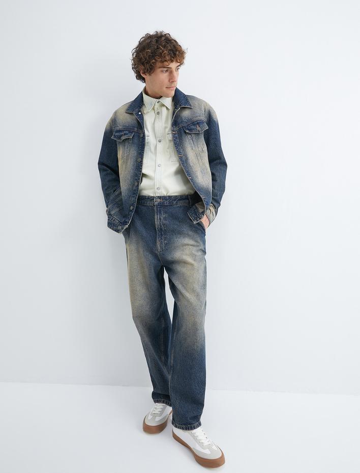  Bol Kot Pantolon Yıkamalı Düğmeli Cep Detaylı