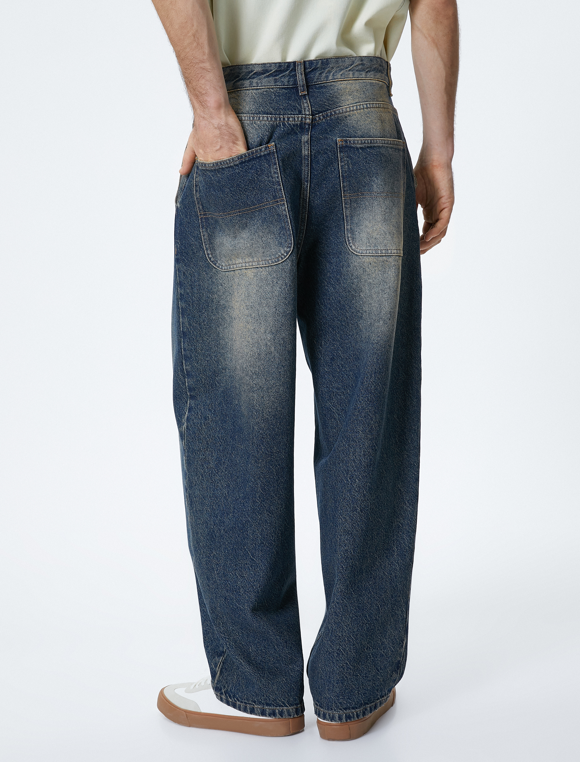   Bol Kot Pantolon Yıkamalı Düğmeli Cep Detaylı