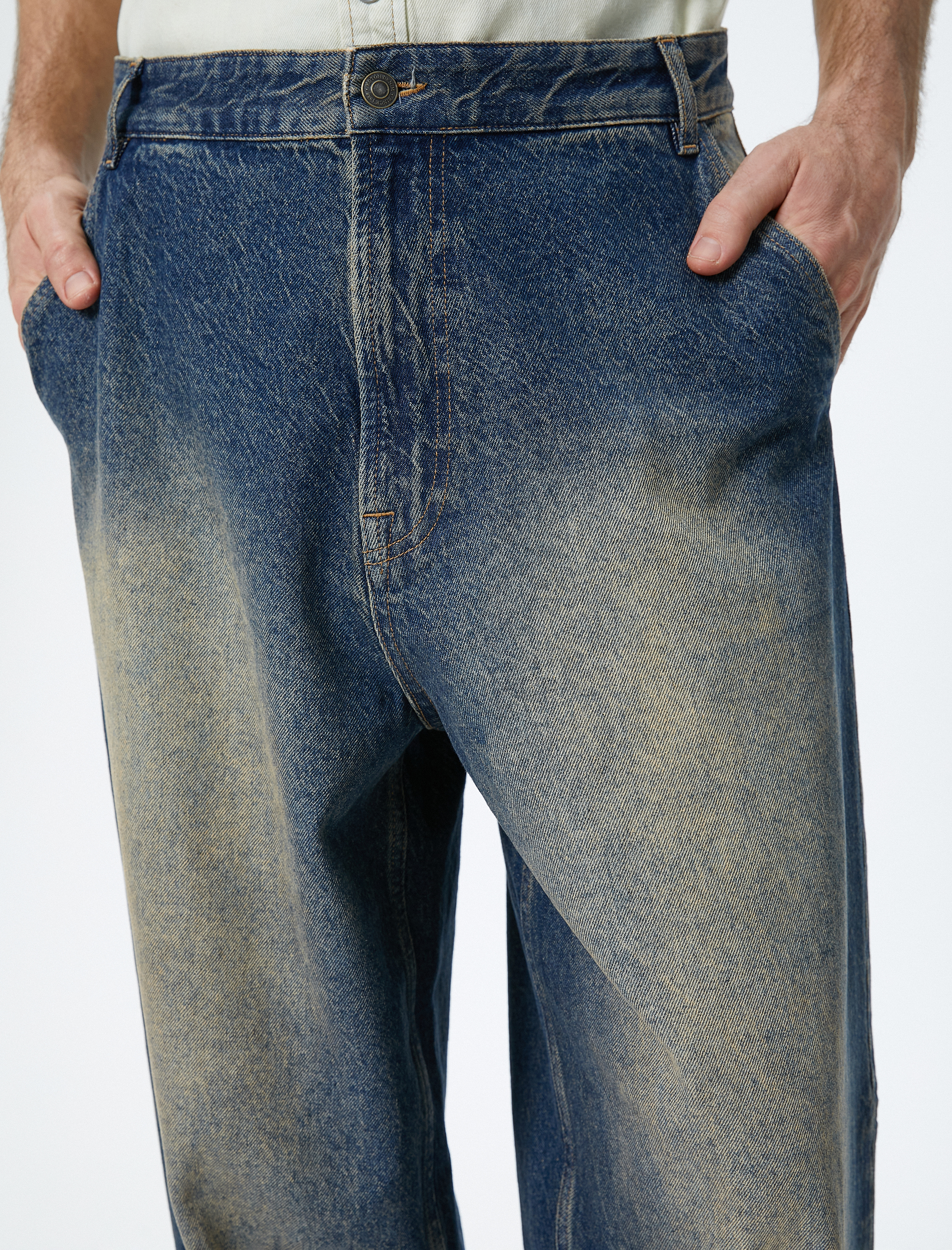   Bol Kot Pantolon Yıkamalı Düğmeli Cep Detaylı