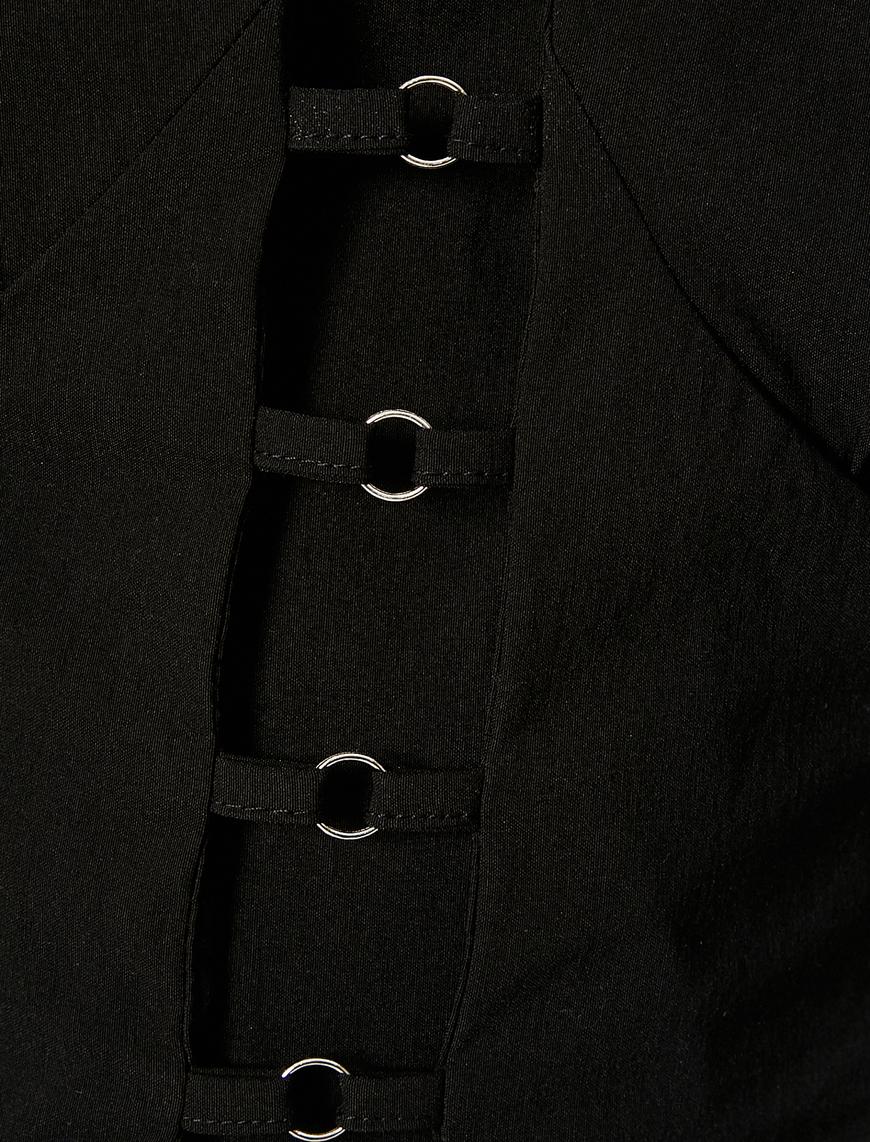   Crop Bluz Uzun Kollu Slim Fit Gömlek Yaka Önü Metal Aksesuar Detaylı