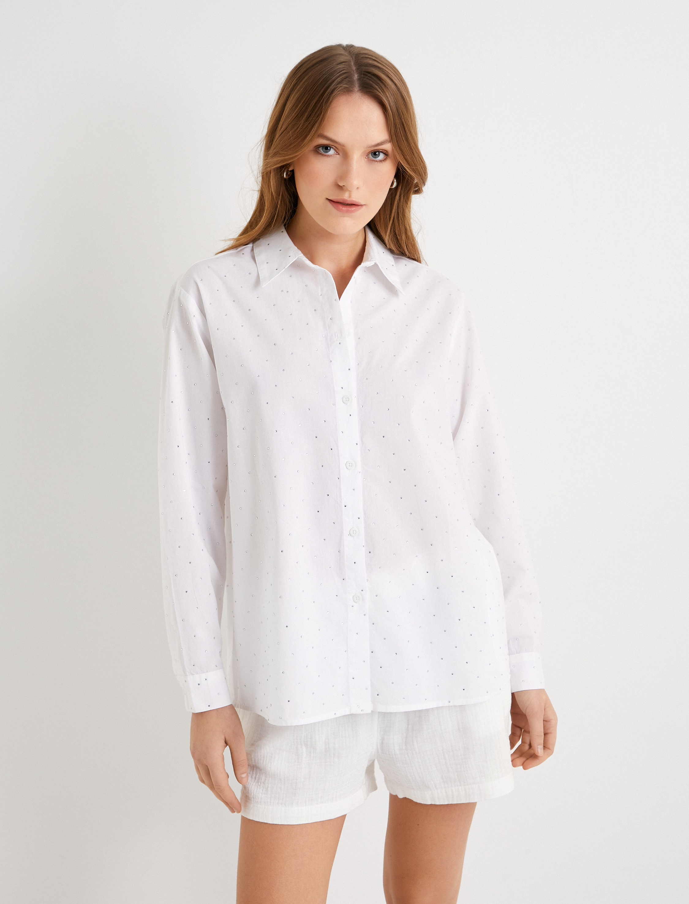   Taşlı Gömlek Pamuklu Uzun Kollu