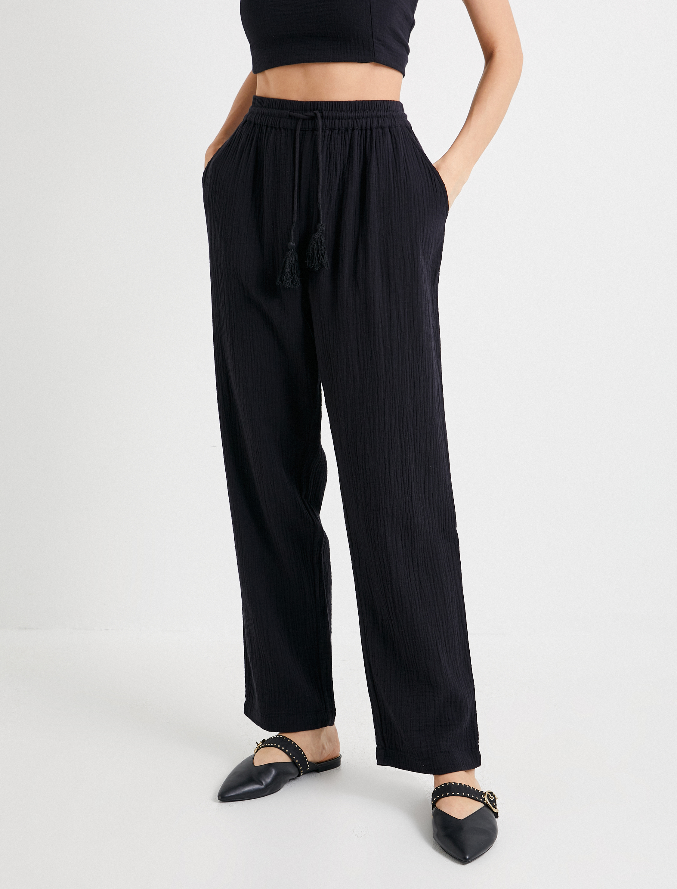   Müslin Pantolon Beli Bağlamalı Cepli Pamuklu Normal Bel